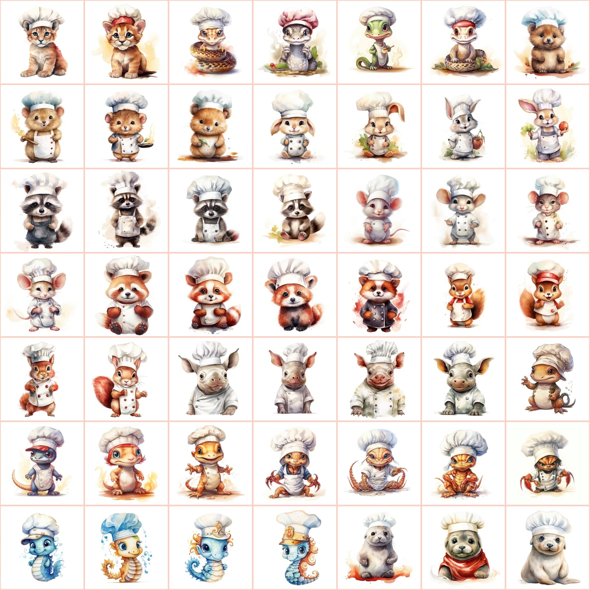 Watercolor Animals with Chef Hats, 590 PNG Images, White & Transparent Backgrounds, Commercial License Included Digital Download Sumobundle
