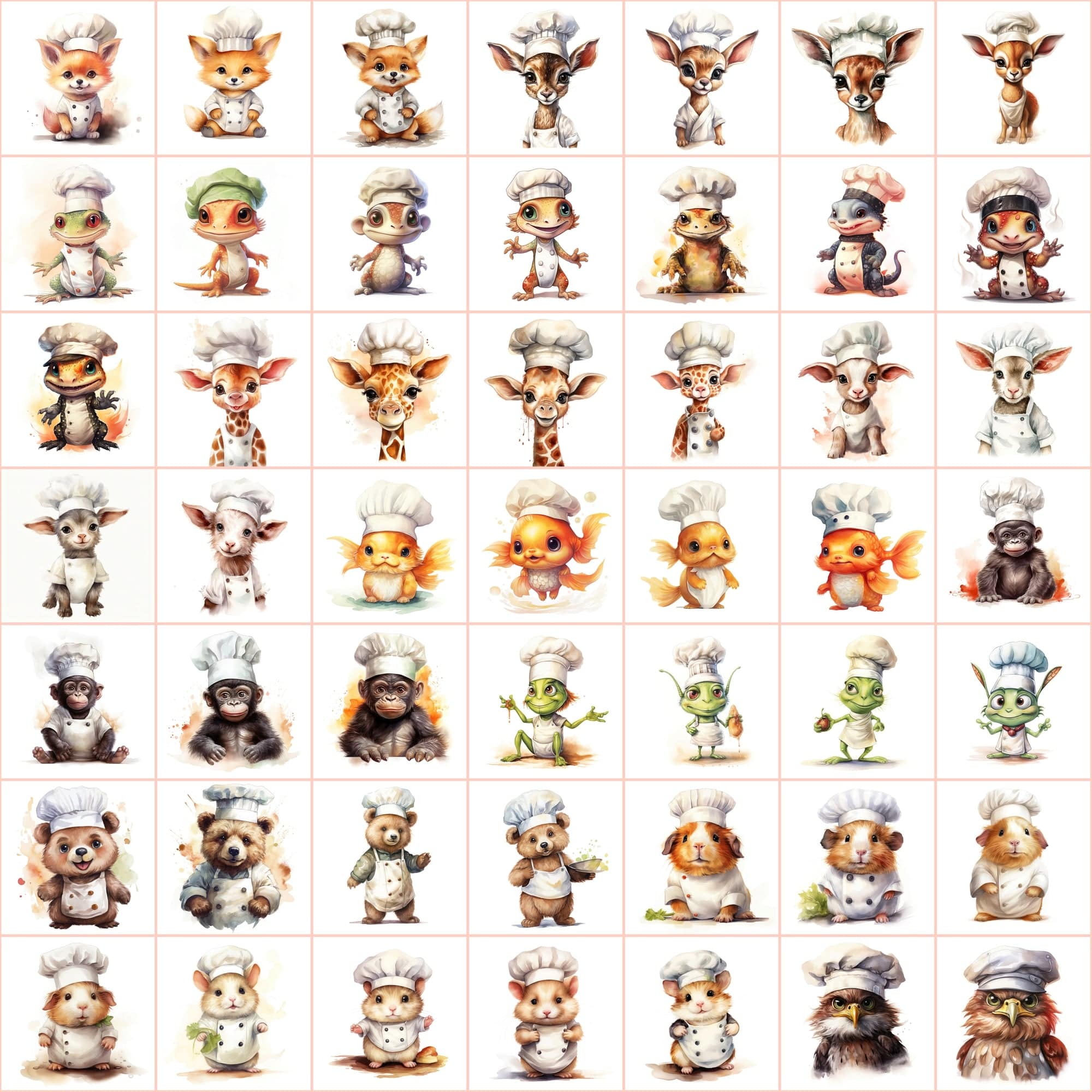 Watercolor Animals with Chef Hats, 590 PNG Images, White & Transparent Backgrounds, Commercial License Included Digital Download Sumobundle