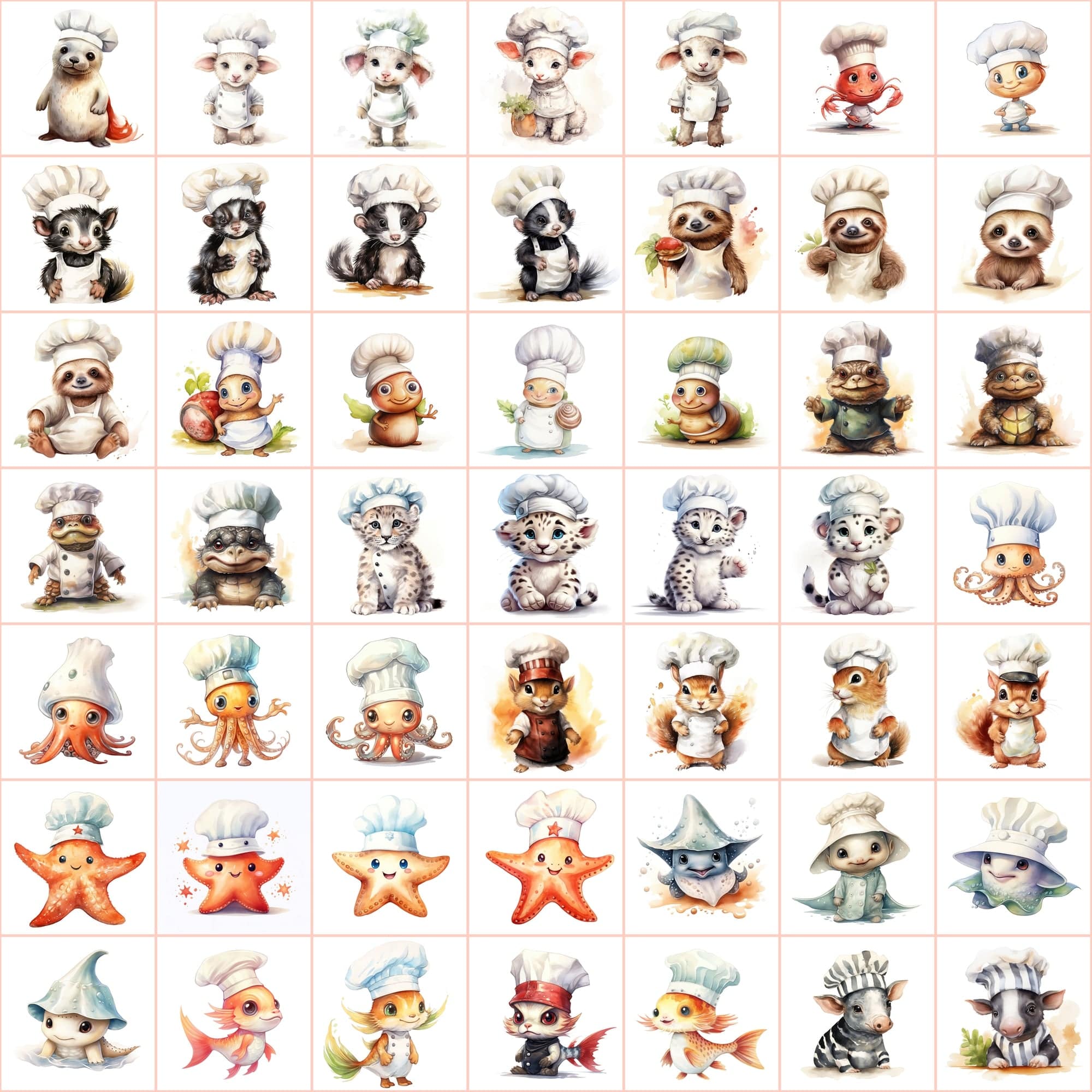 Watercolor Animals with Chef Hats, 590 PNG Images, White & Transparent Backgrounds, Commercial License Included Digital Download Sumobundle