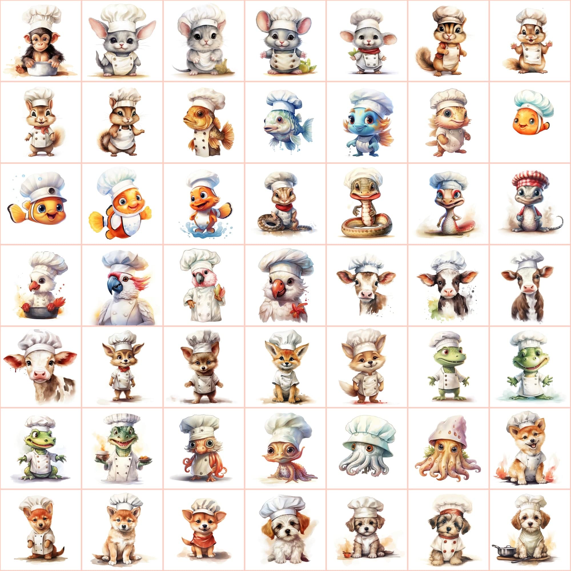 Watercolor Animals with Chef Hats, 590 PNG Images, White & Transparent Backgrounds, Commercial License Included Digital Download Sumobundle