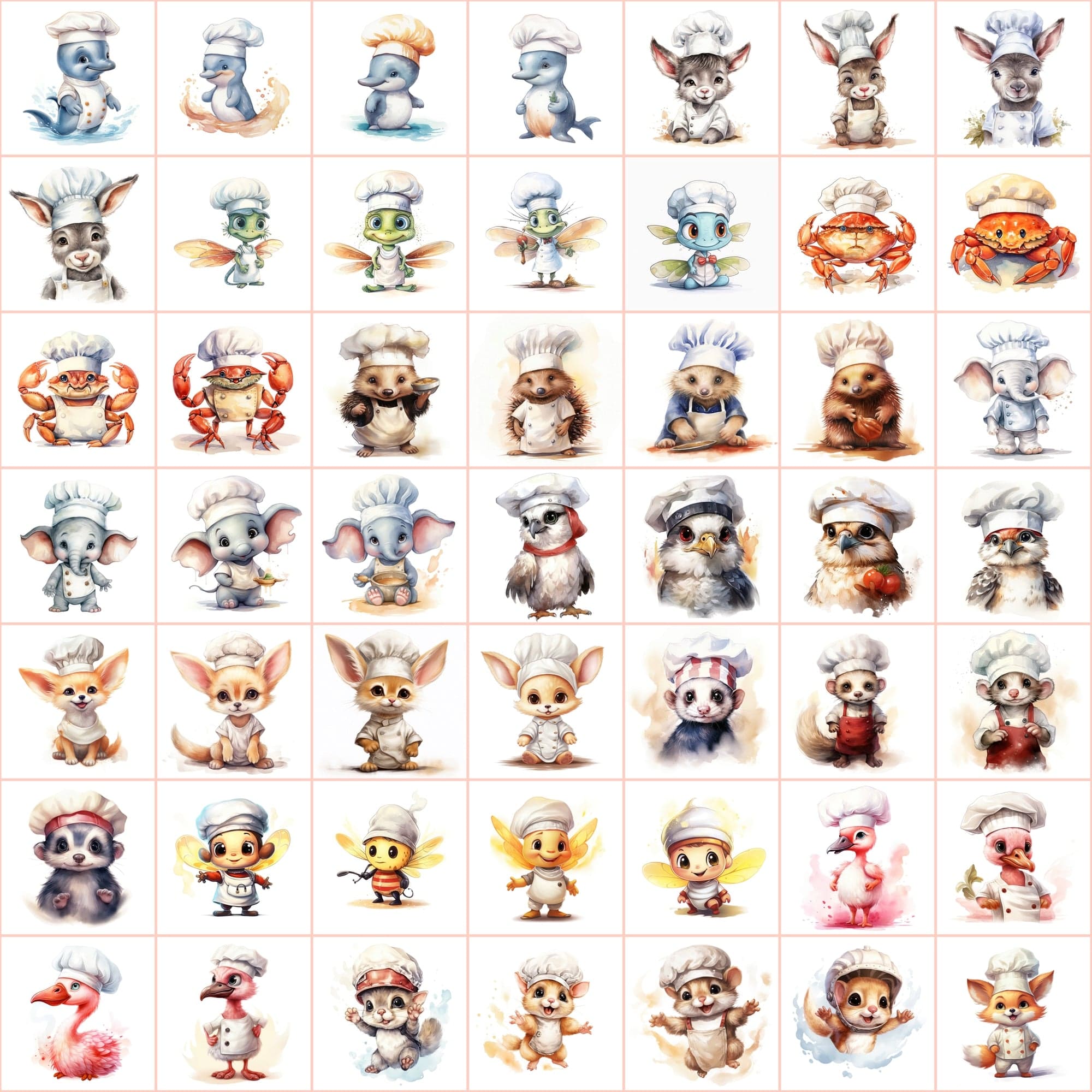 Watercolor Animals with Chef Hats, 590 PNG Images, White & Transparent Backgrounds, Commercial License Included Digital Download Sumobundle