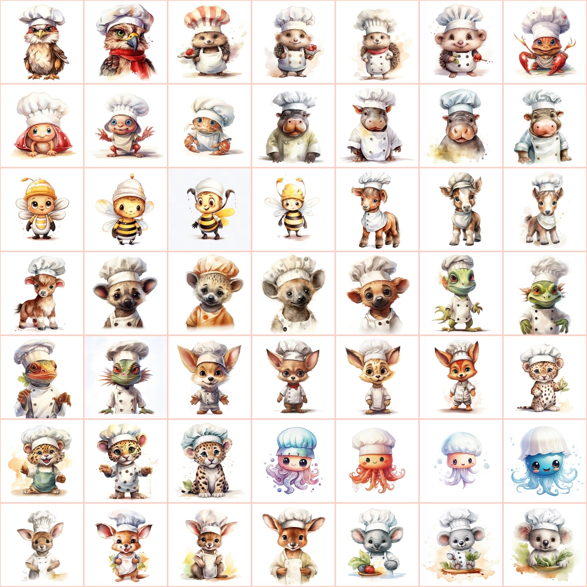 Watercolor Animals with Chef Hats, 590 PNG Images, White & Transparent Backgrounds, Commercial License Included Digital Download Sumobundle