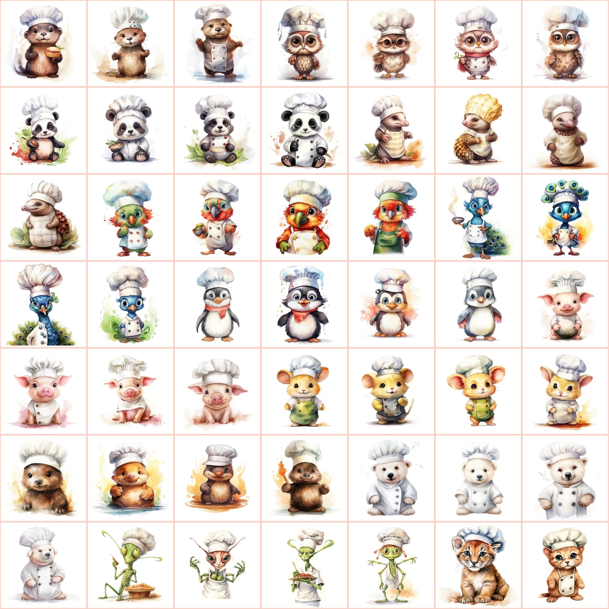 Watercolor Animals with Chef Hats, 590 PNG Images, White & Transparent Backgrounds, Commercial License Included Digital Download Sumobundle