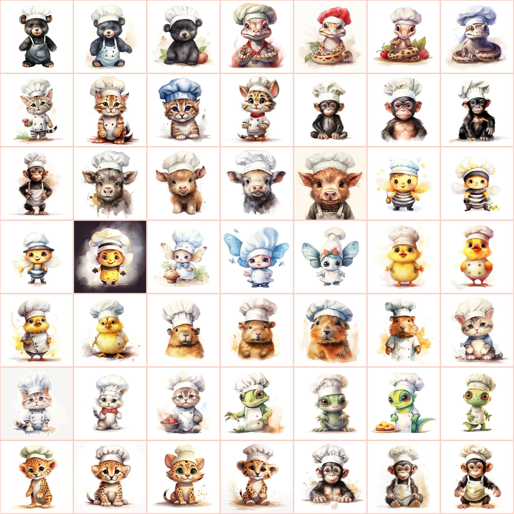 Watercolor Animals with Chef Hats, 590 PNG Images, White & Transparent Backgrounds, Commercial License Included Digital Download Sumobundle