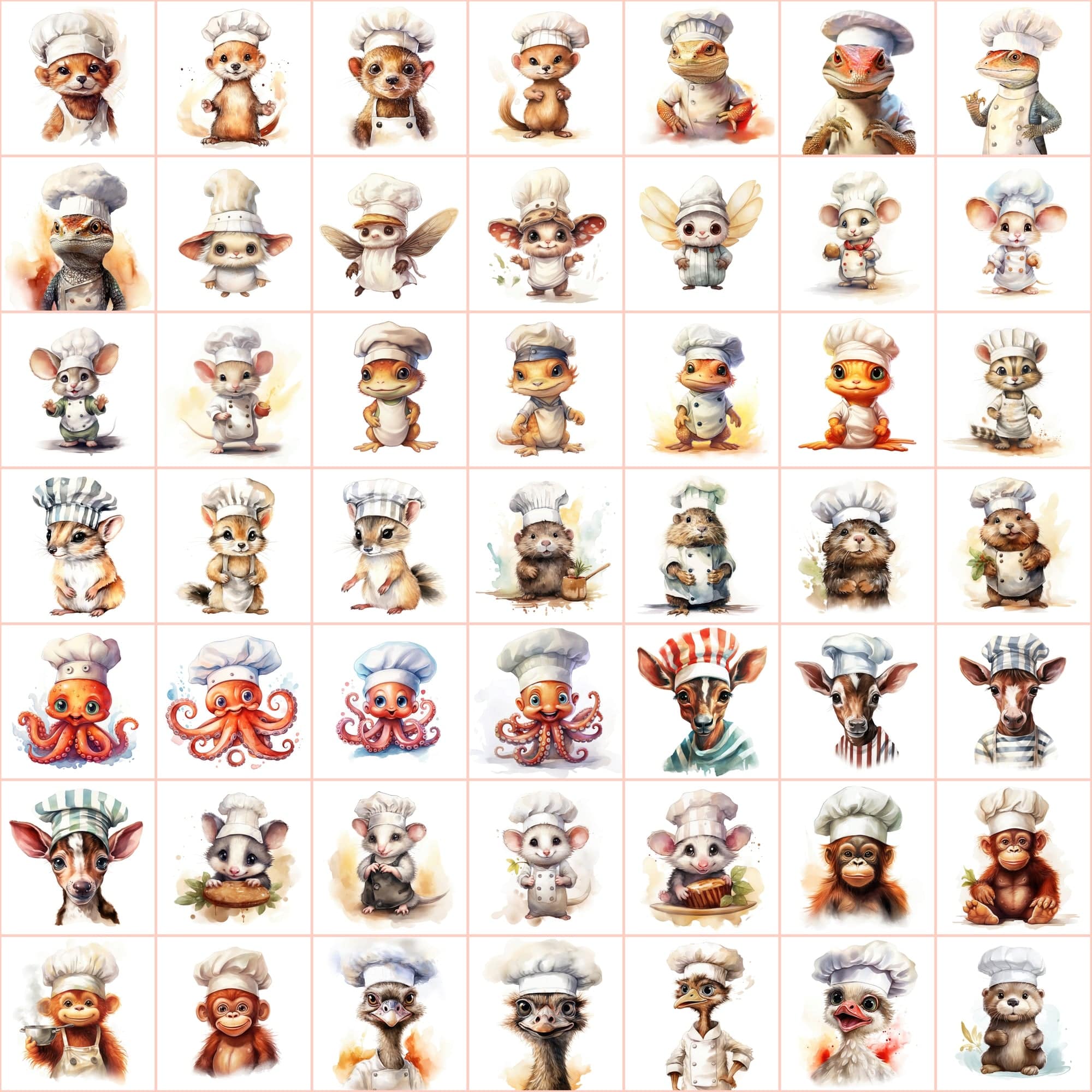 Watercolor Animals with Chef Hats, 590 PNG Images, White & Transparent Backgrounds, Commercial License Included Digital Download Sumobundle