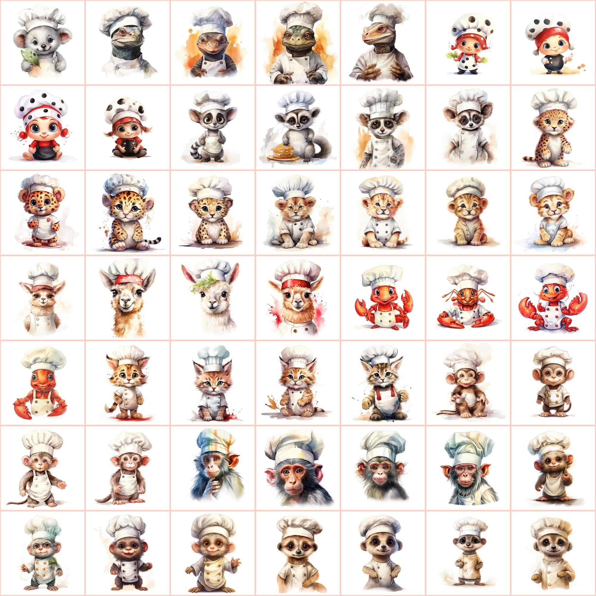 Watercolor Animals with Chef Hats, 590 PNG Images, White & Transparent Backgrounds, Commercial License Included Digital Download Sumobundle