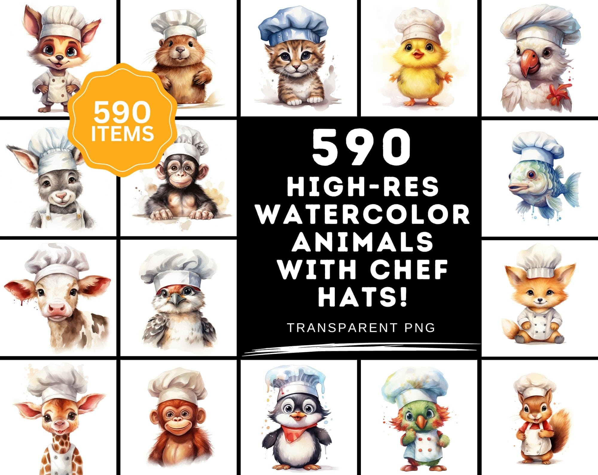 Watercolor Animals with Chef Hats, 590 PNG Images, White & Transparent Backgrounds, Commercial License Included Digital Download Sumobundle