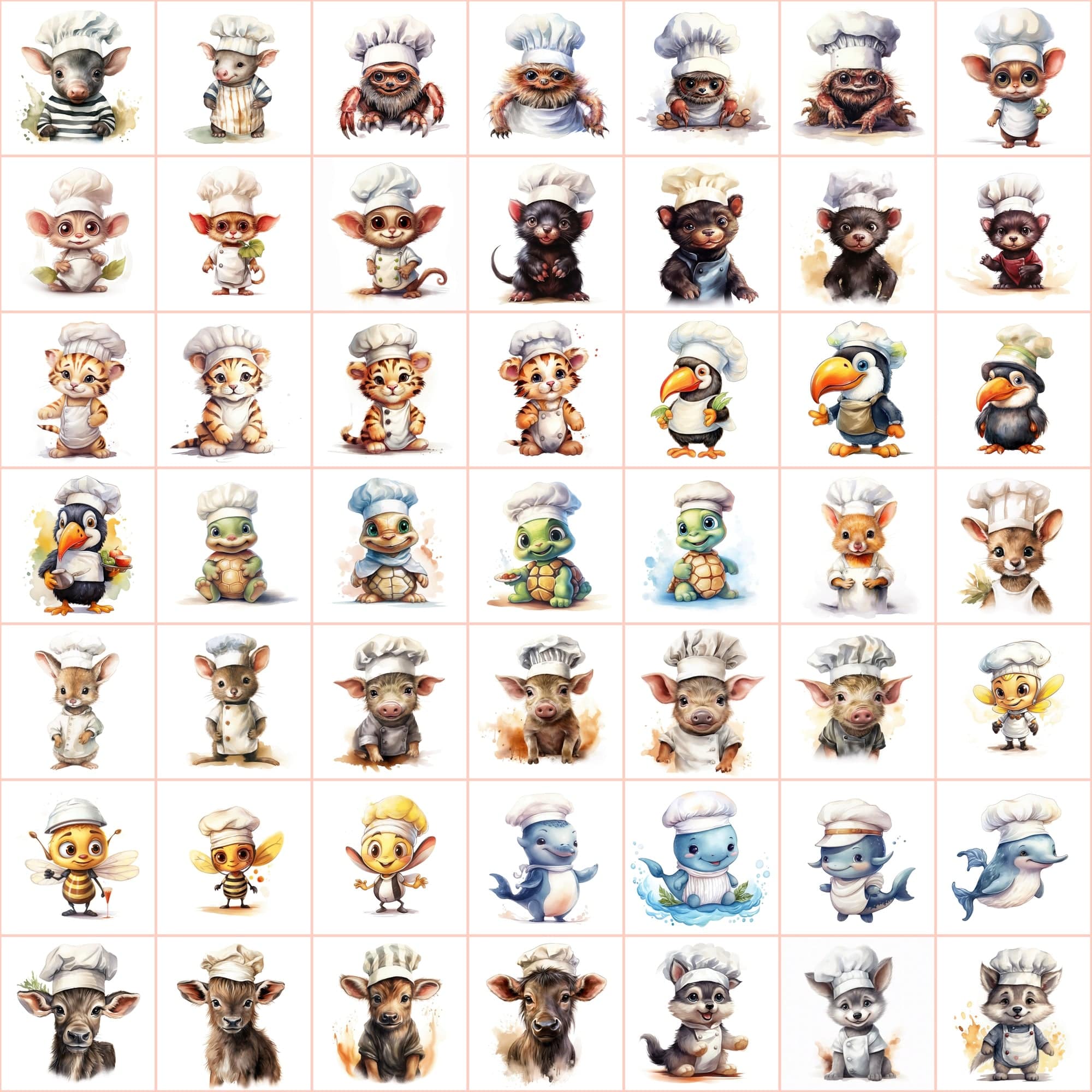Watercolor Animals with Chef Hats, 590 PNG Images, White & Transparent Backgrounds, Commercial License Included Digital Download Sumobundle