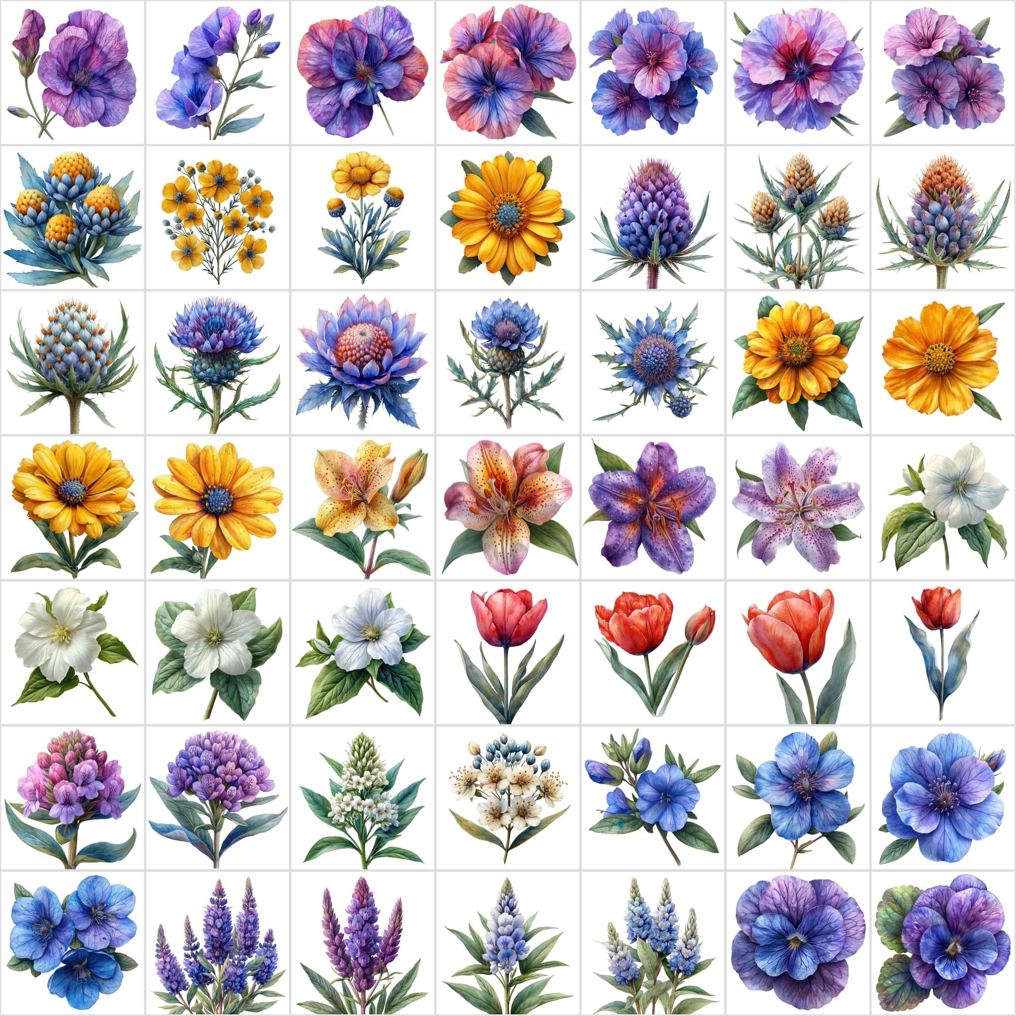 Watercolor Flower PNG Images Bundle - 570 Top View Floral Designs with Transparent & White Background Digital Download Sumobundle