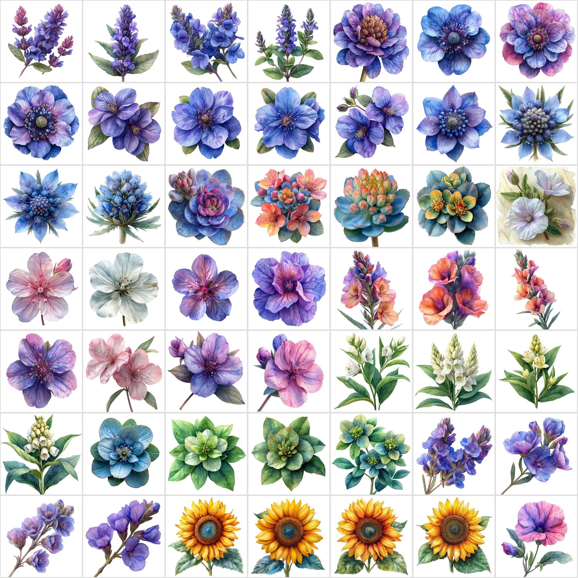 Watercolor Flower PNG Images Bundle - 570 Top View Floral Designs with Transparent & White Background Digital Download Sumobundle