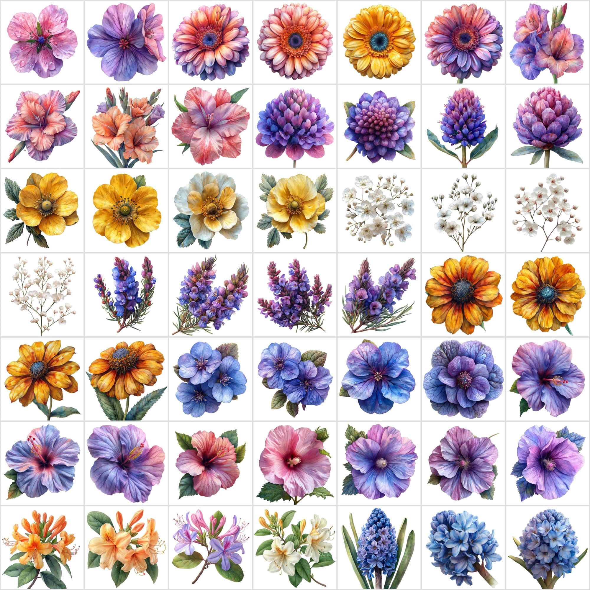 Watercolor Flower PNG Images Bundle - 570 Top View Floral Designs with Transparent & White Background Digital Download Sumobundle