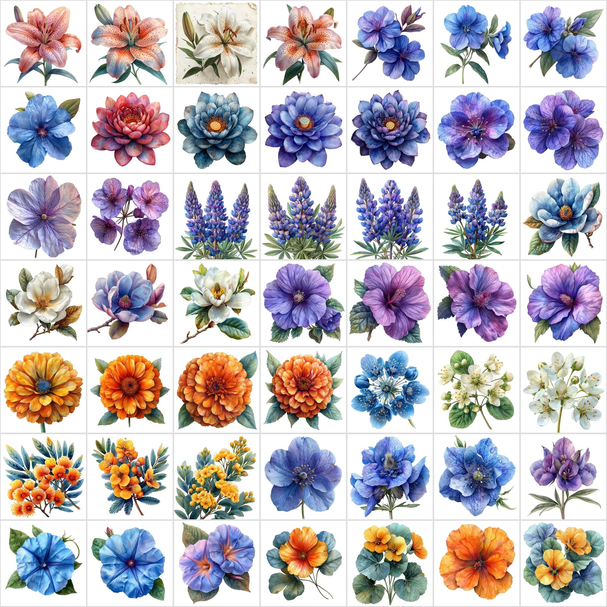 Watercolor Flower PNG Images Bundle - 570 Top View Floral Designs with Transparent & White Background Digital Download Sumobundle