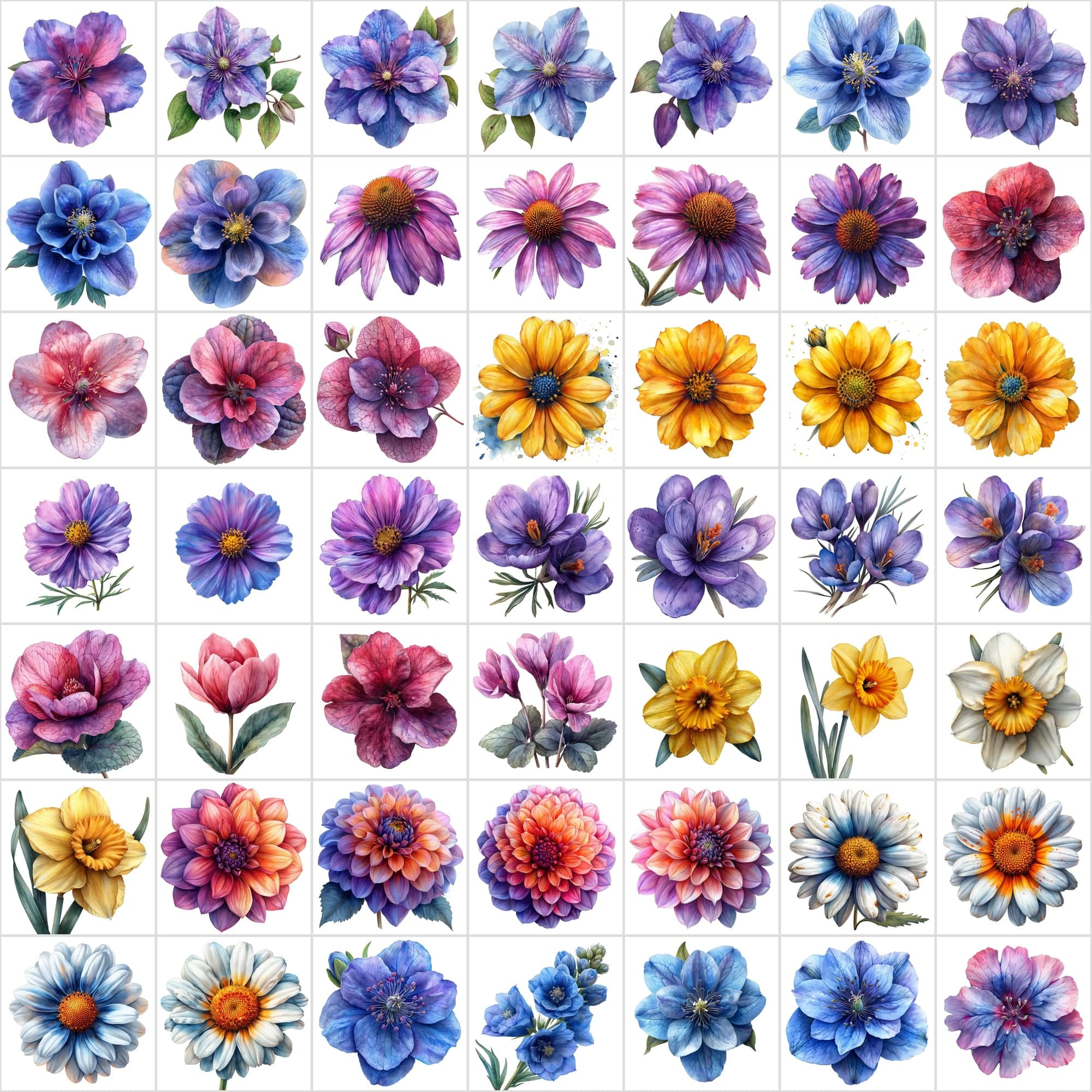Watercolor Flower PNG Images Bundle - 570 Top View Floral Designs with Transparent & White Background Digital Download Sumobundle