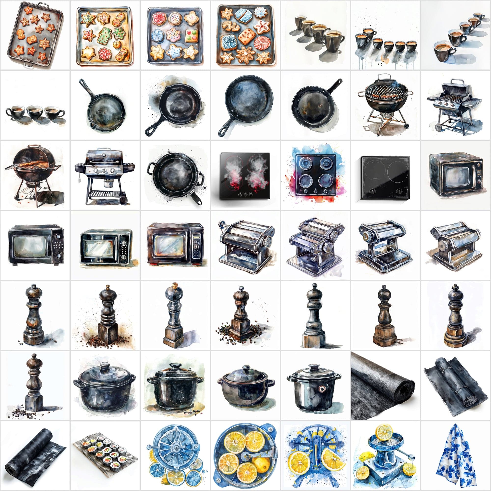 Watercolor Kitchen Elements Collection - 520 JPG Illustrations - Commercial License Digital Download Sumobundle