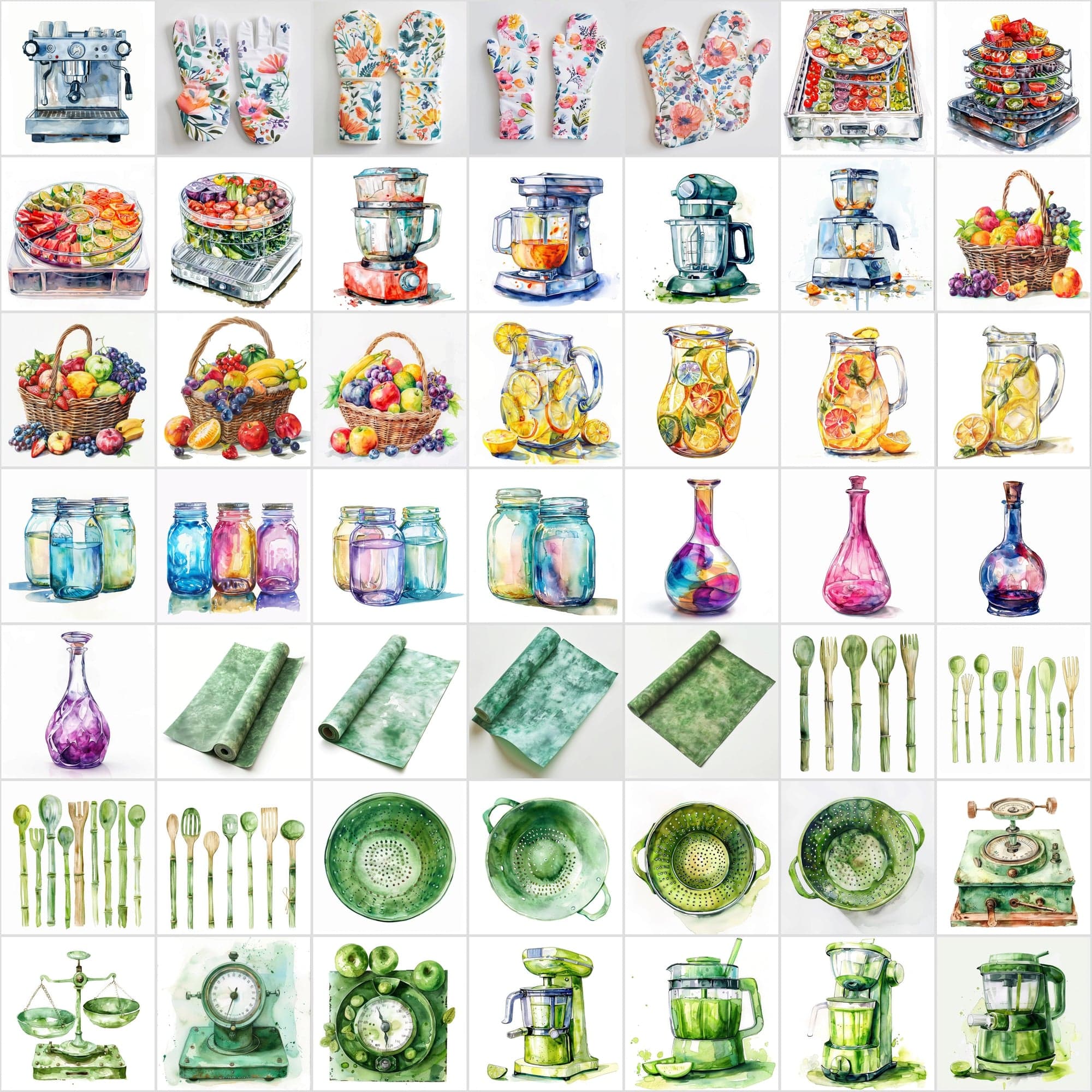 Watercolor Kitchen Elements Collection - 520 JPG Illustrations - Commercial License Digital Download Sumobundle