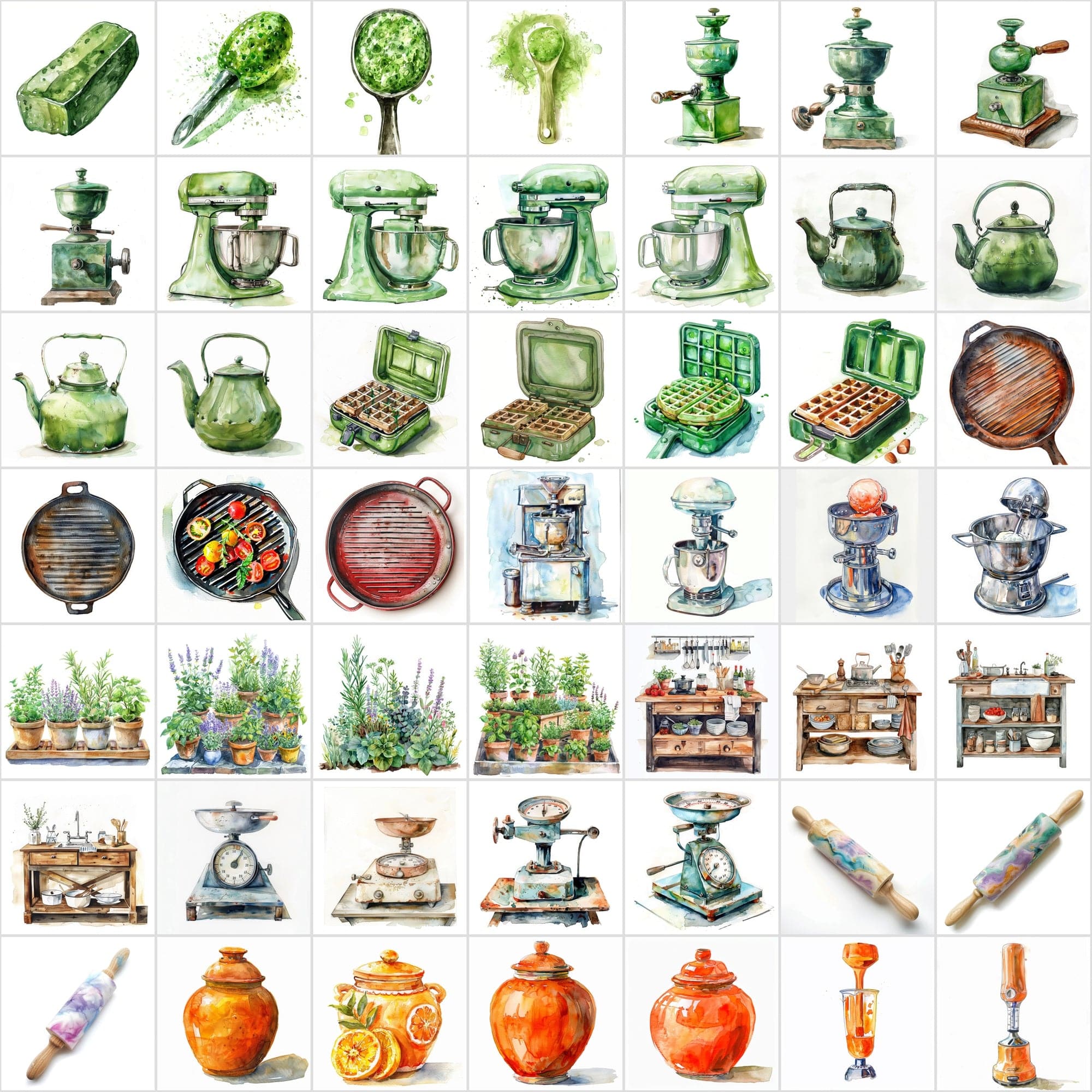 Watercolor Kitchen Elements Collection - 520 JPG Illustrations - Commercial License Digital Download Sumobundle