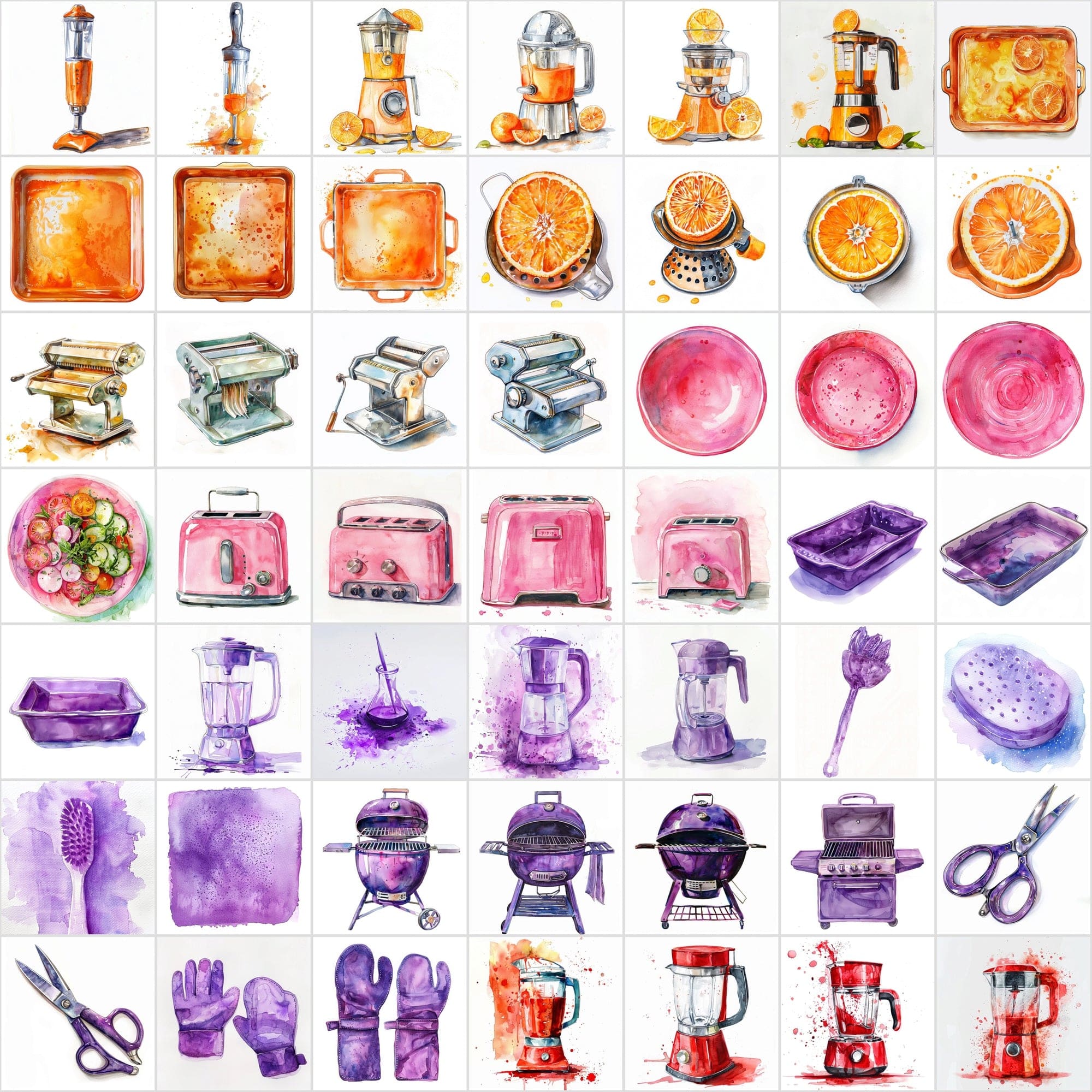 Watercolor Kitchen Elements Collection - 520 JPG Illustrations - Commercial License Digital Download Sumobundle