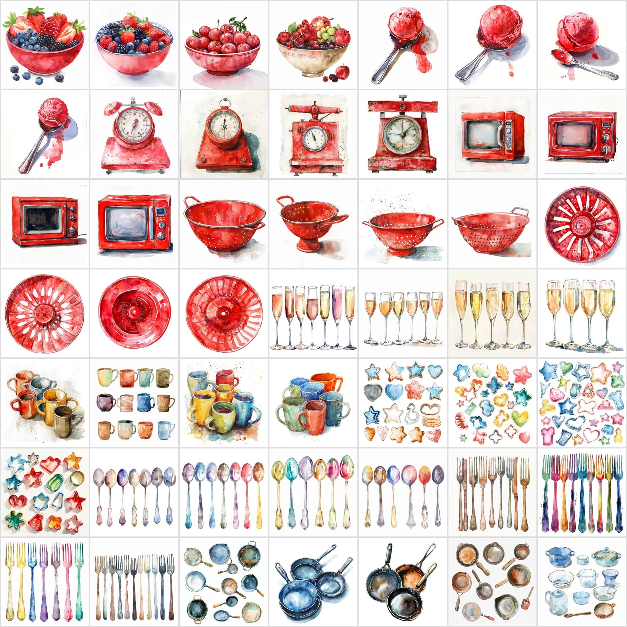 Watercolor Kitchen Elements Collection - 520 JPG Illustrations - Commercial License Digital Download Sumobundle