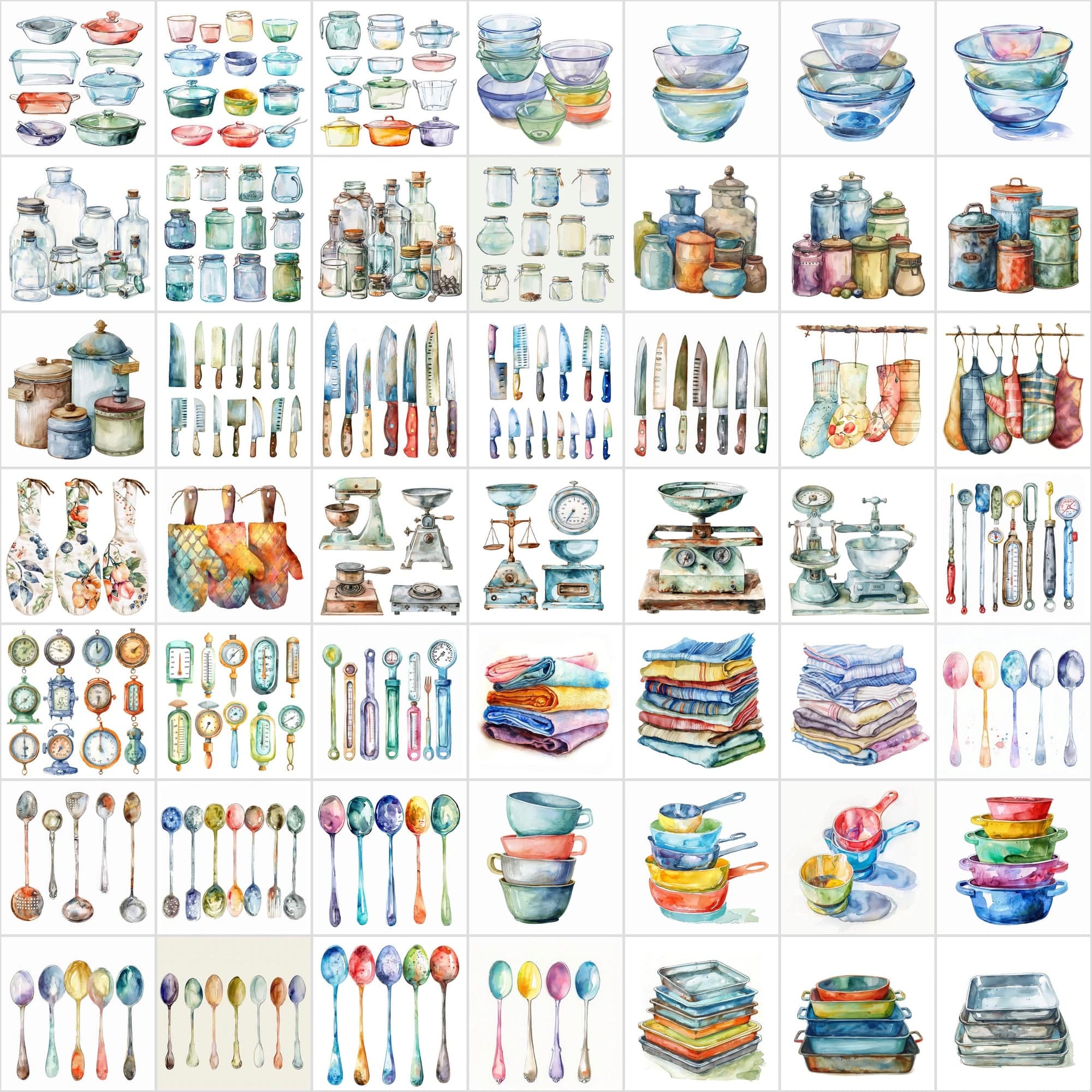 Watercolor Kitchen Elements Collection - 520 JPG Illustrations - Commercial License Digital Download Sumobundle