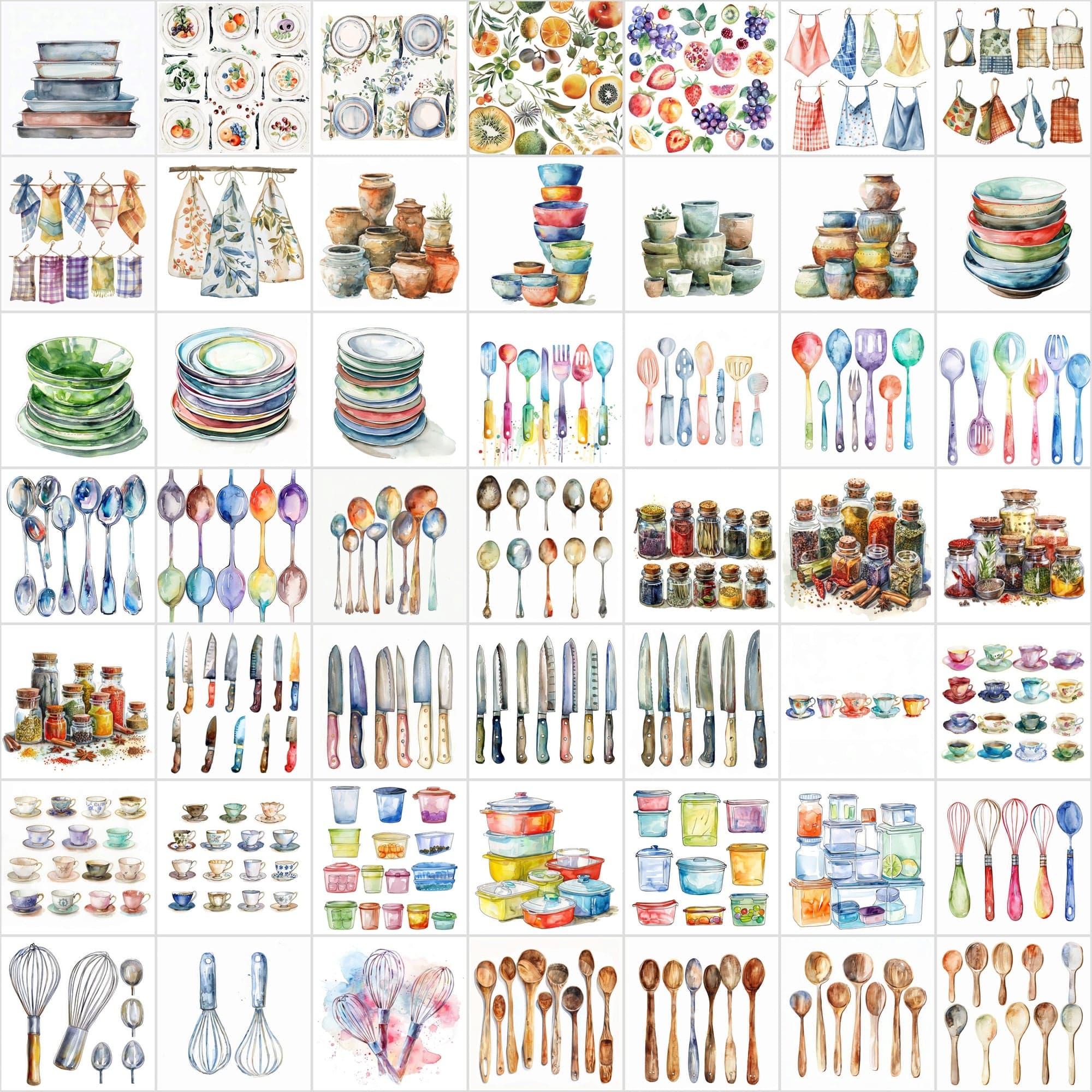 Watercolor Kitchen Elements Collection - 520 JPG Illustrations - Commercial License Digital Download Sumobundle