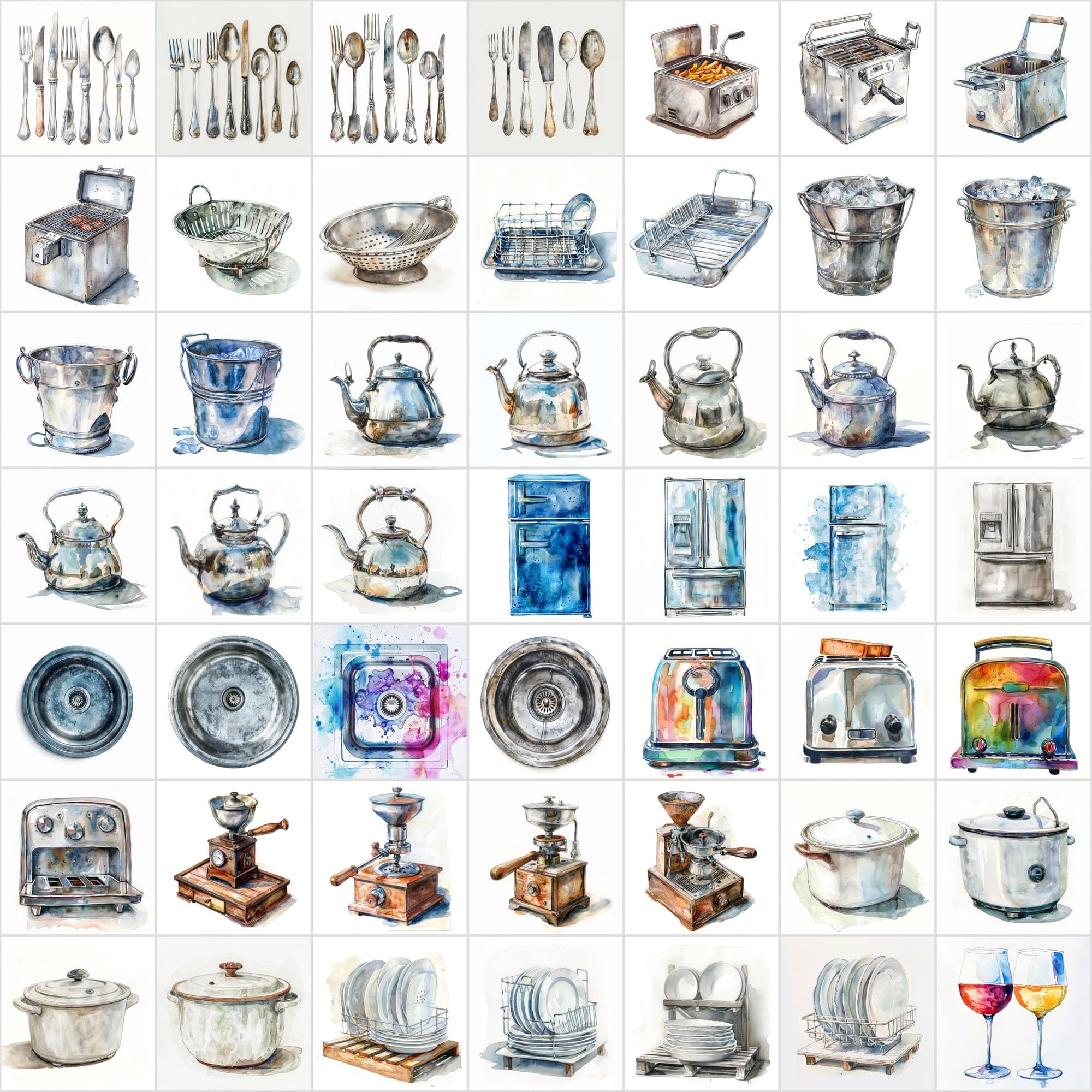 Watercolor Kitchen Elements Collection - 520 JPG Illustrations - Commercial License Digital Download Sumobundle