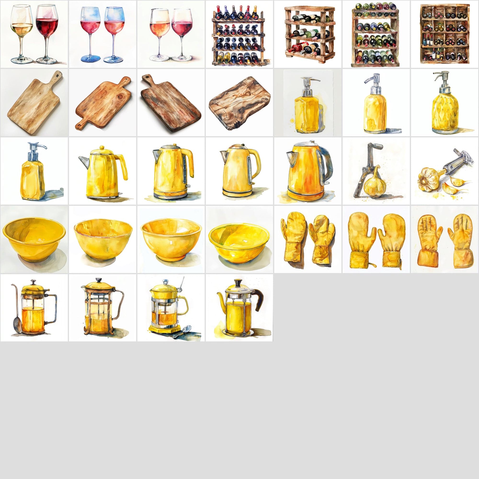 Watercolor Kitchen Elements Collection - 520 JPG Illustrations - Commercial License Digital Download Sumobundle