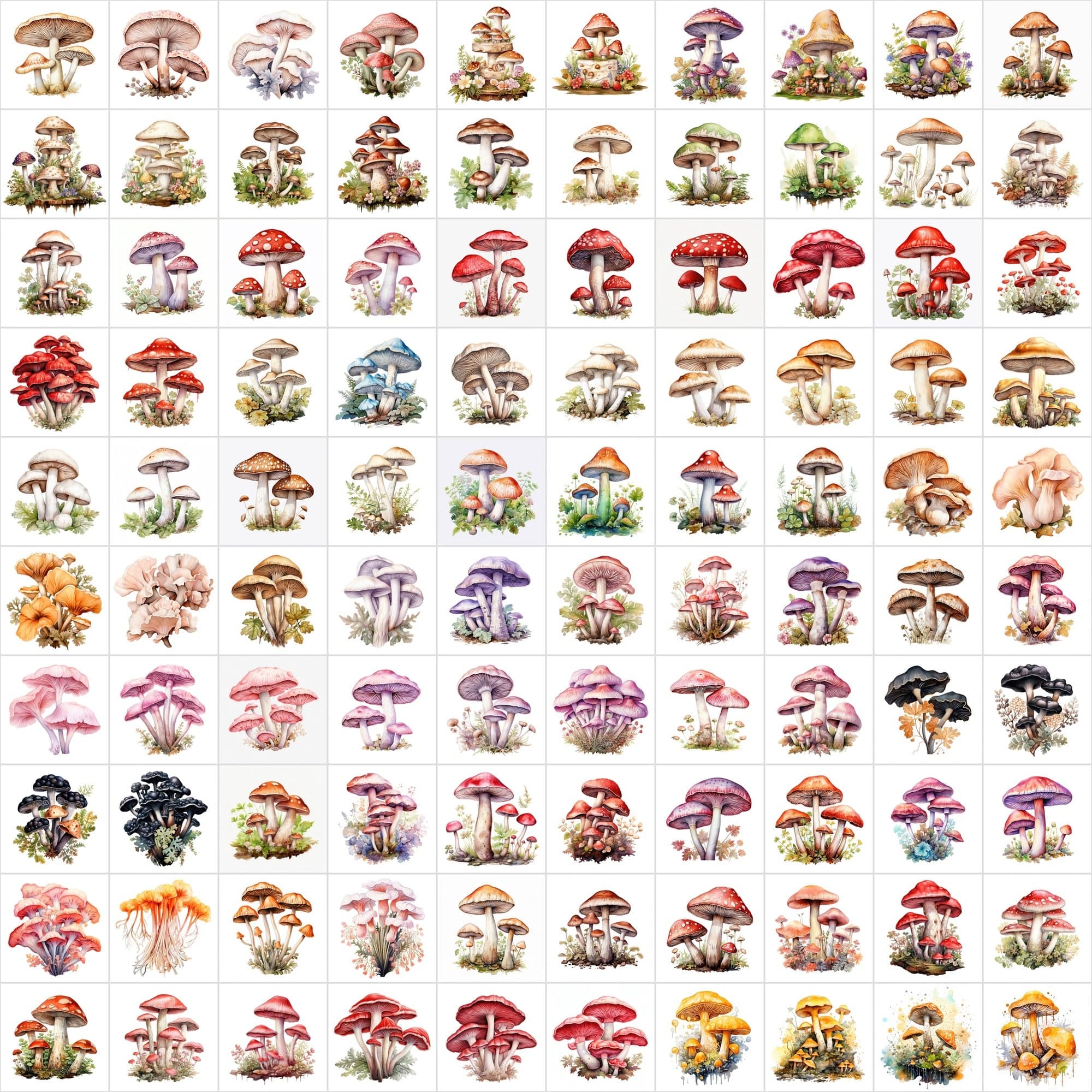 Watercolor Mushroom PNG Collection - 1170 Versatile Images with Commercial License, Transparent & White Backgrounds Digital Download Sumobundle