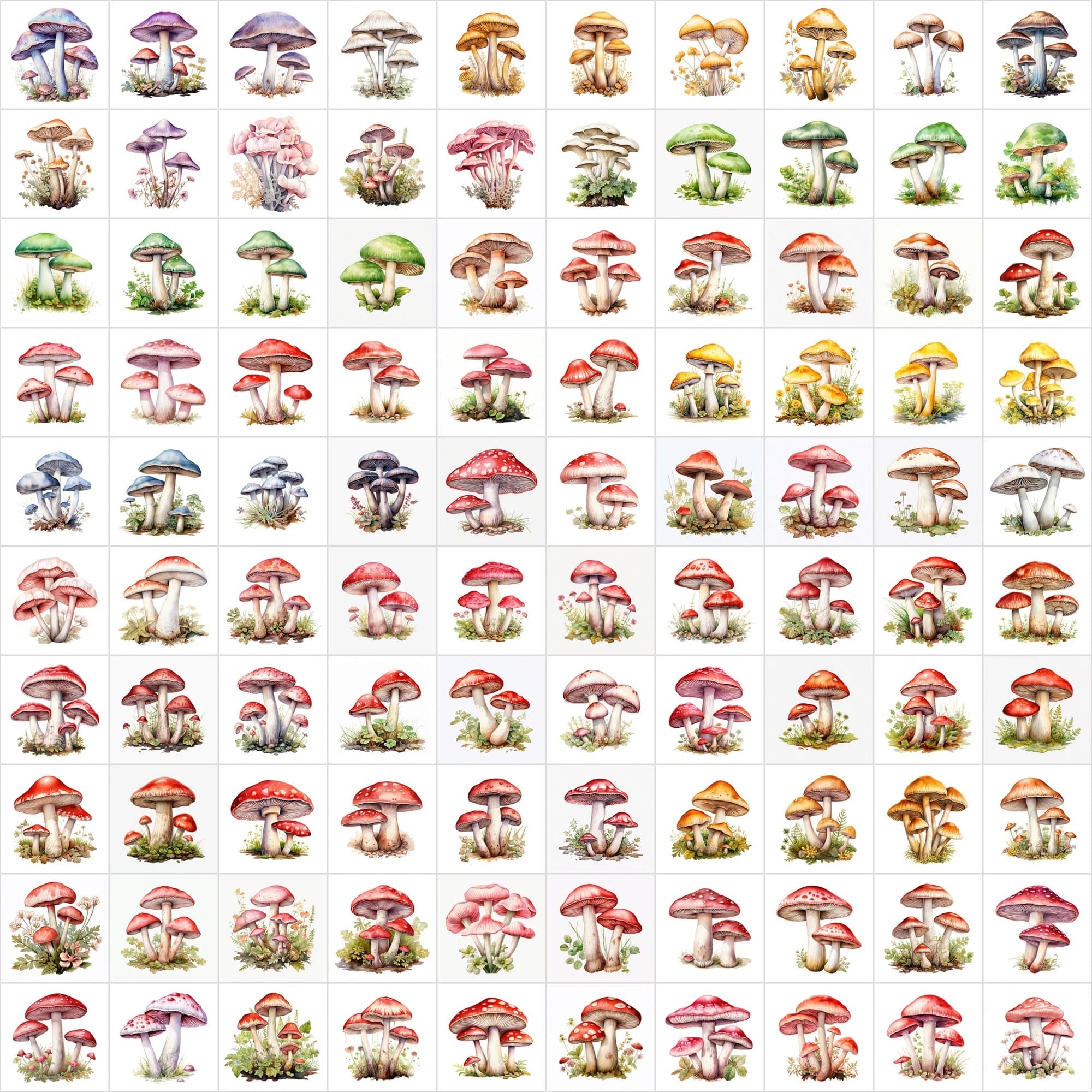 Watercolor Mushroom PNG Collection - 1170 Versatile Images with Commercial License, Transparent & White Backgrounds Digital Download Sumobundle