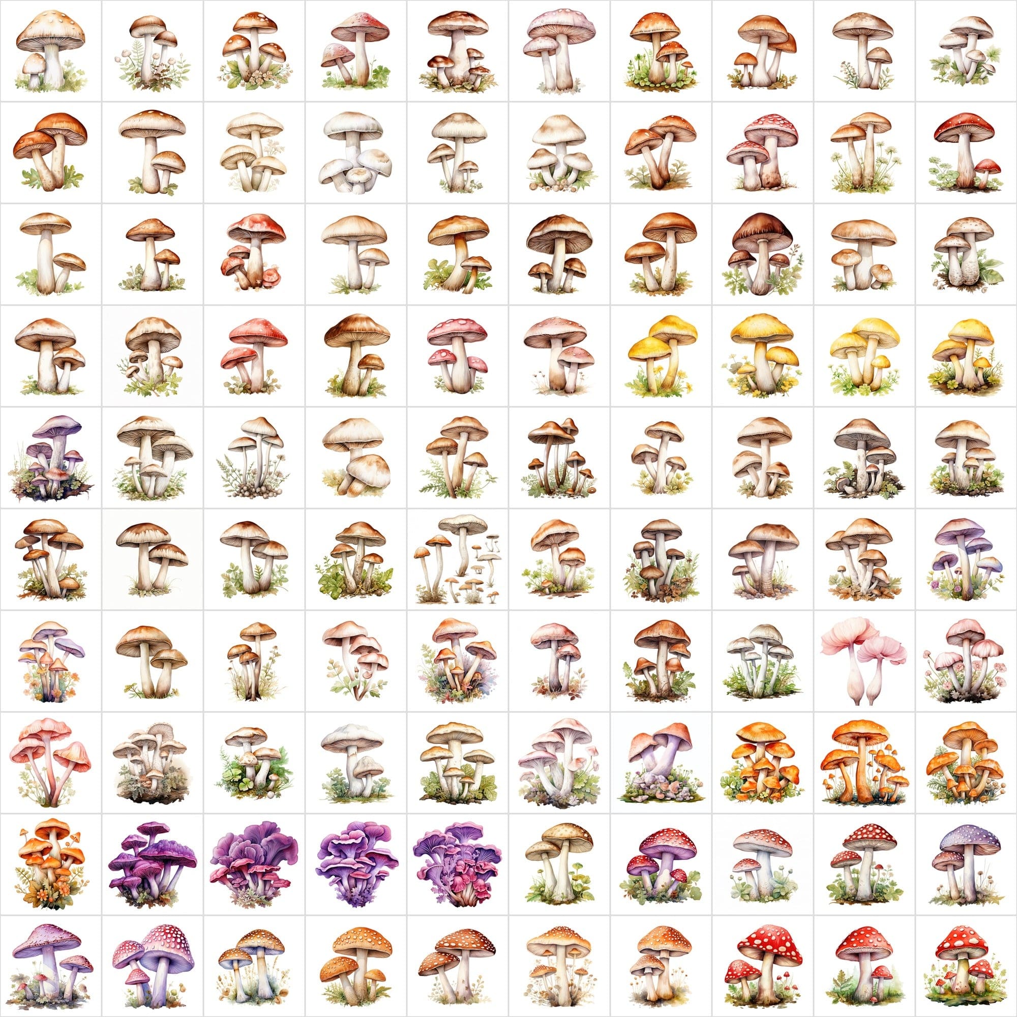 Watercolor Mushroom PNG Collection - 1170 Versatile Images with Commercial License, Transparent & White Backgrounds Digital Download Sumobundle