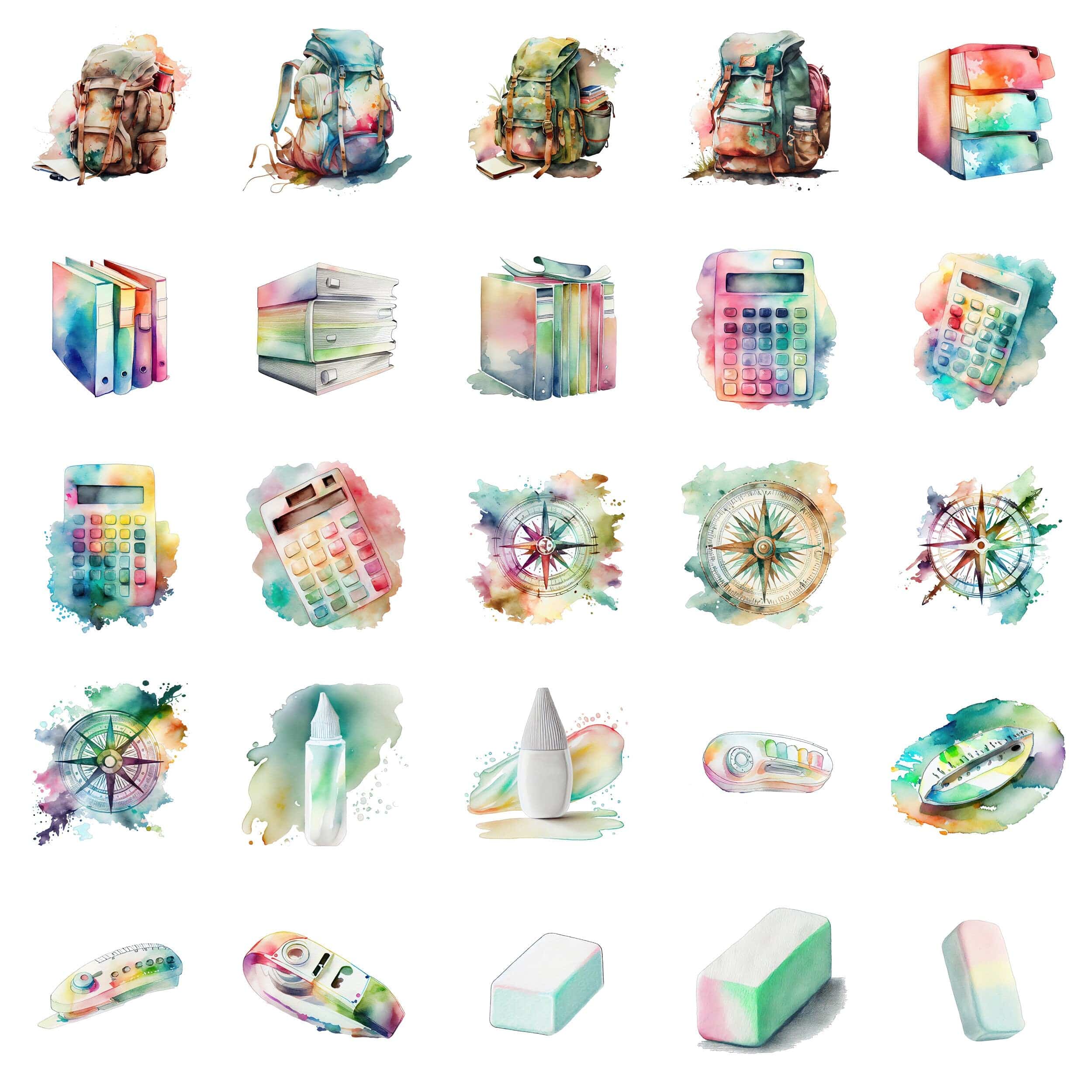 Watercolor Office Supplies Clipart - 100 Transparent PNG Images with Commercial Use Digital Download Sumobundle