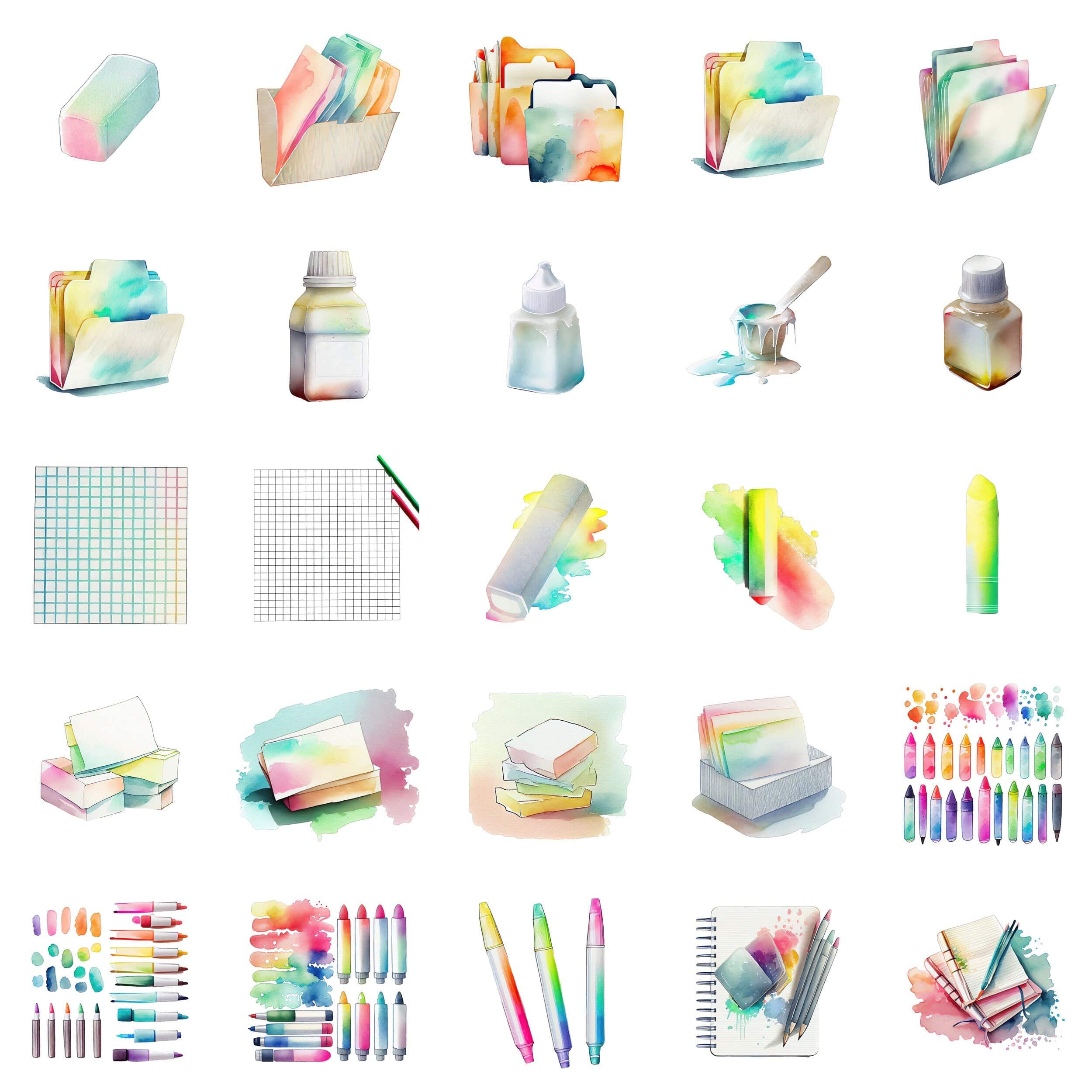 Watercolor Office Supplies Clipart - 100 Transparent PNG Images with Commercial Use Digital Download Sumobundle