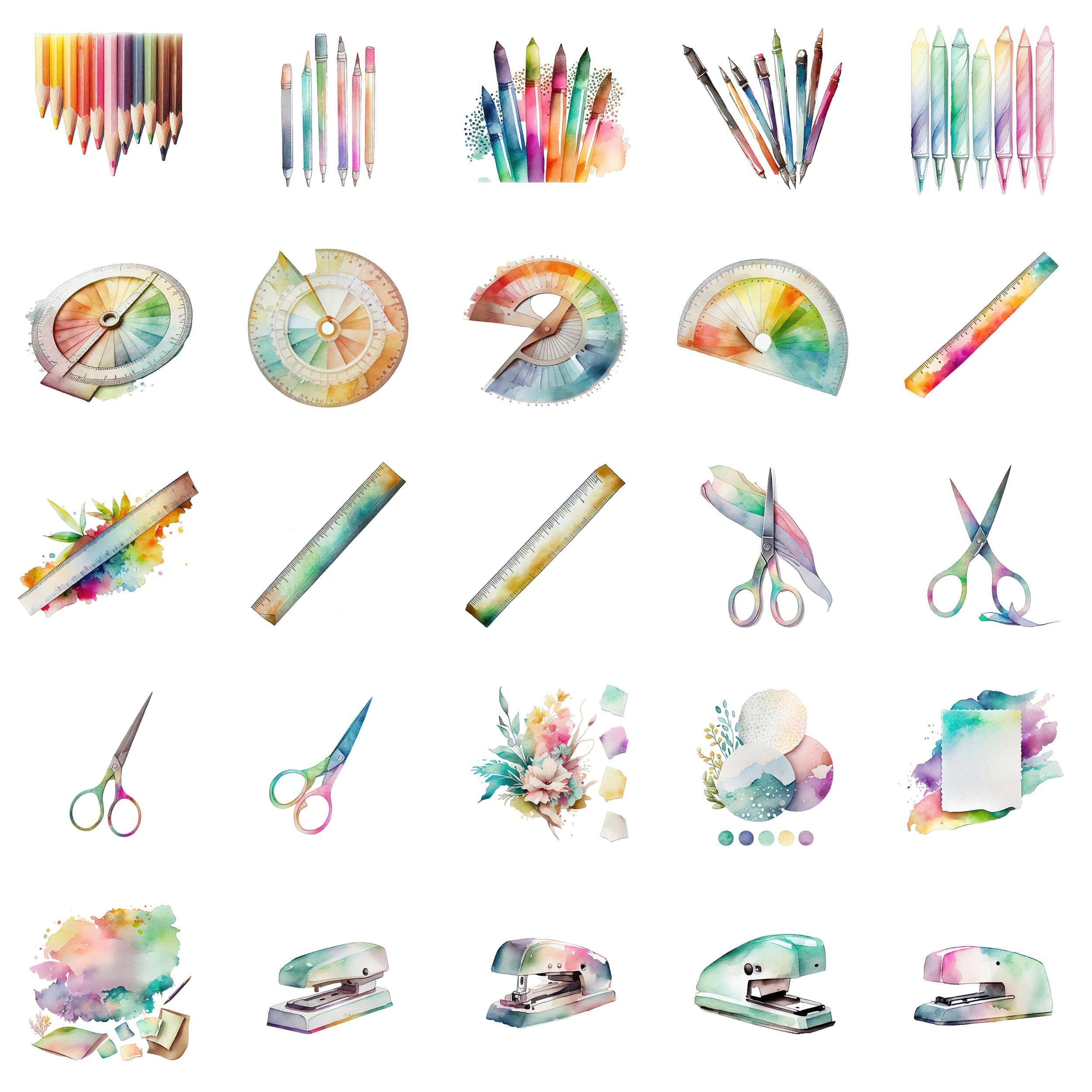 Watercolor Office Supplies Clipart - 100 Transparent PNG Images with Commercial Use Digital Download Sumobundle