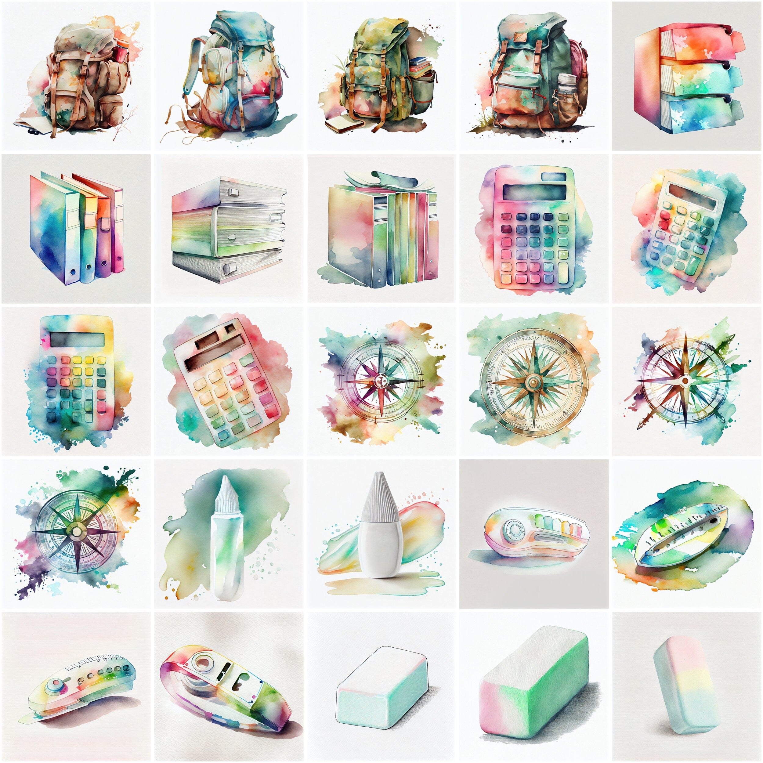 Watercolor Office Supplies Clipart - 100 Transparent PNG Images with Commercial Use Digital Download Sumobundle