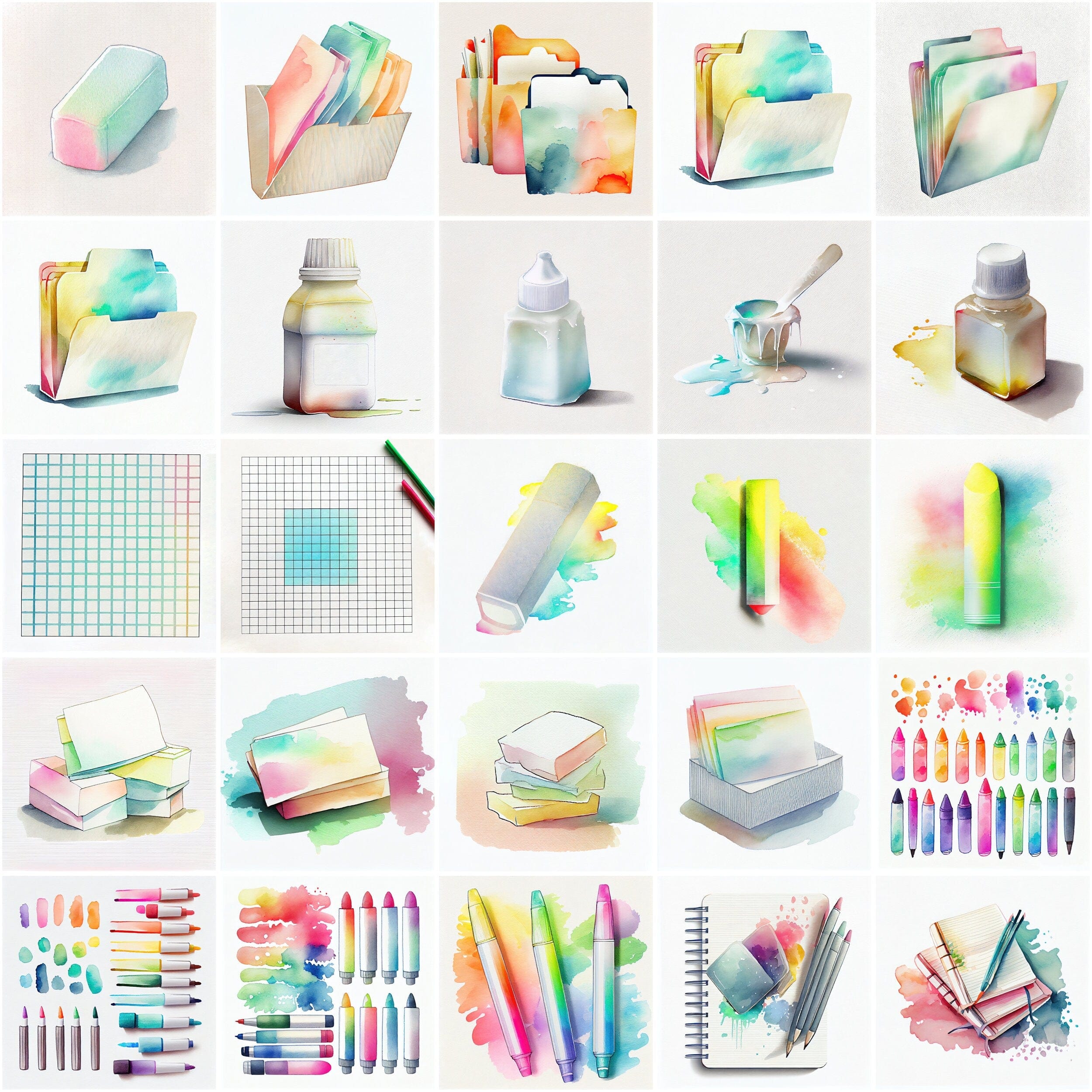 Watercolor Office Supplies Clipart - 100 Transparent PNG Images with Commercial Use Digital Download Sumobundle