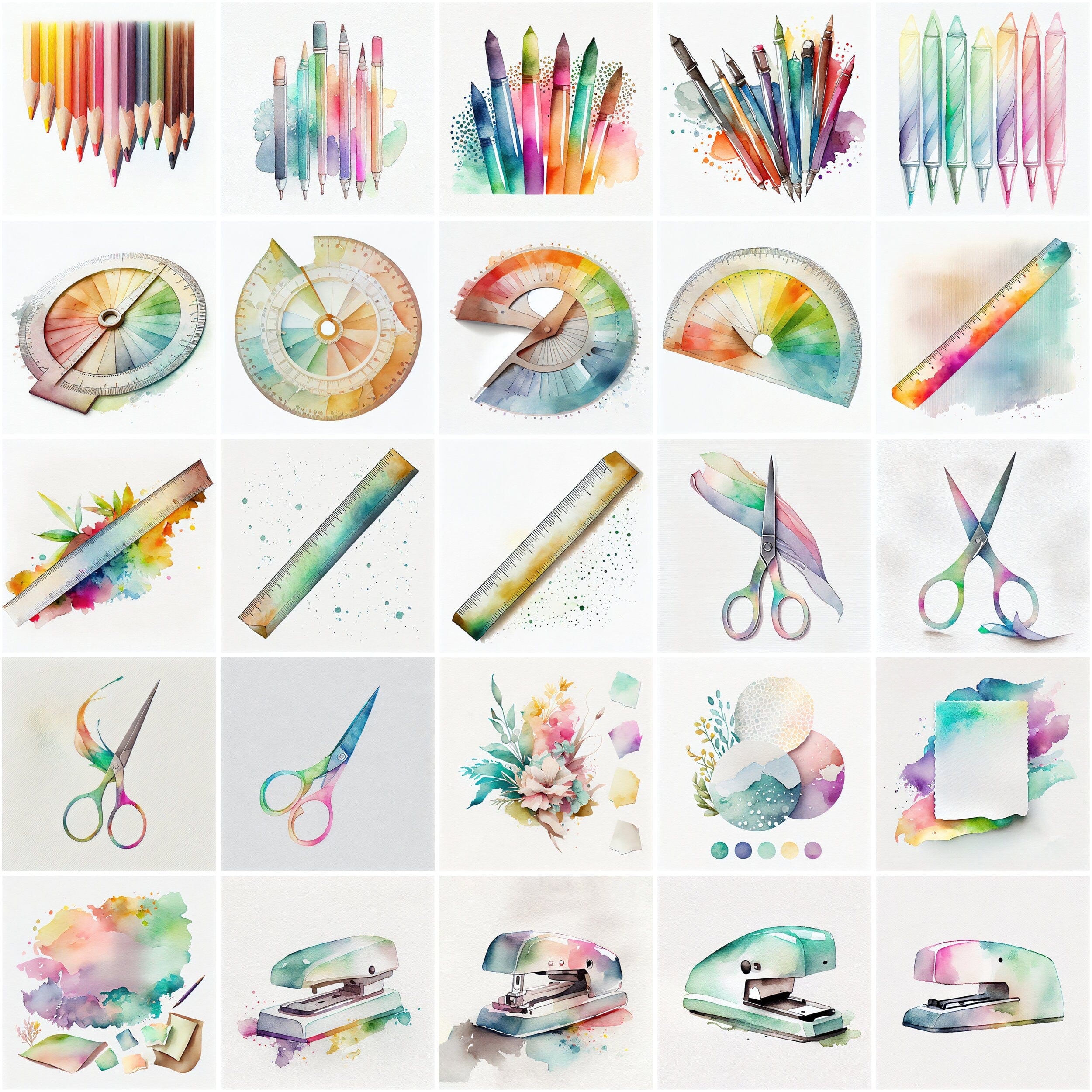 Watercolor Office Supplies Clipart - 100 Transparent PNG Images with Commercial Use Digital Download Sumobundle