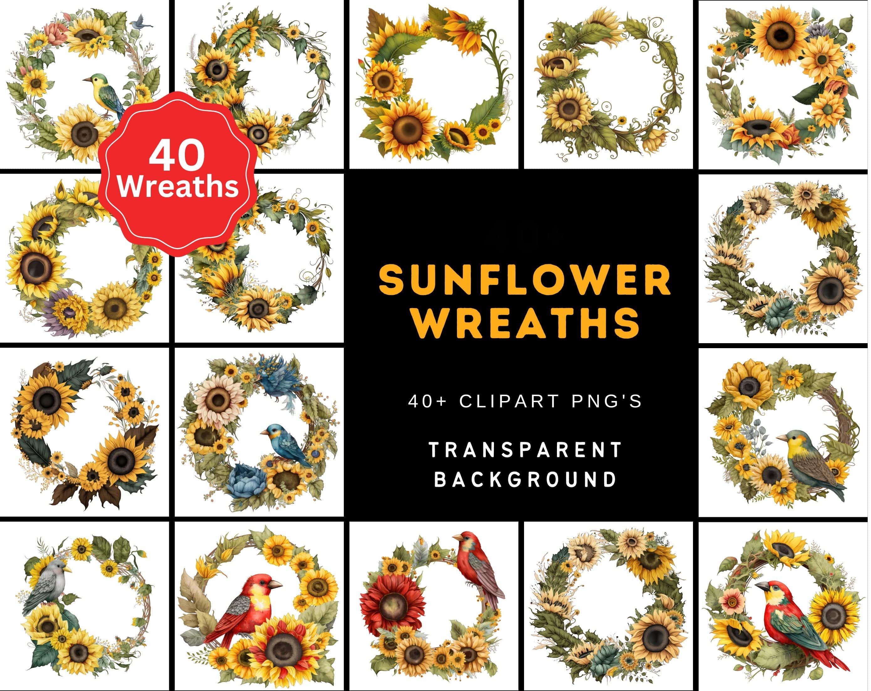 Watercolor Sunflowers and Wreaths Clipart Bundle, DIY Design Elements for Rustic and Botanical Projects, Transparent PNG bundle, Commercial Digital Download Sumobundle