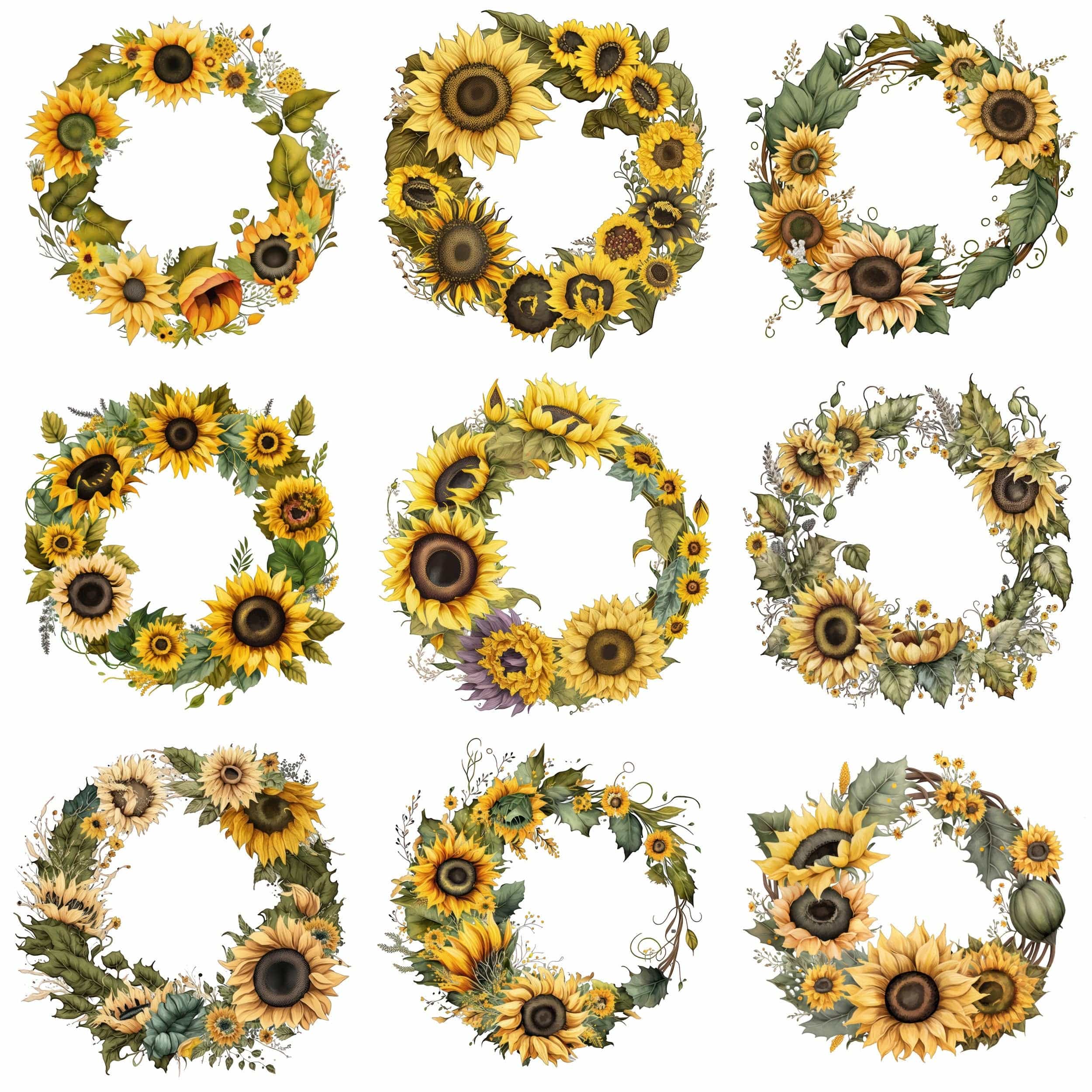 Watercolor Sunflowers and Wreaths Clipart Bundle, DIY Design Elements for Rustic and Botanical Projects, Transparent PNG bundle, Commercial Digital Download Sumobundle