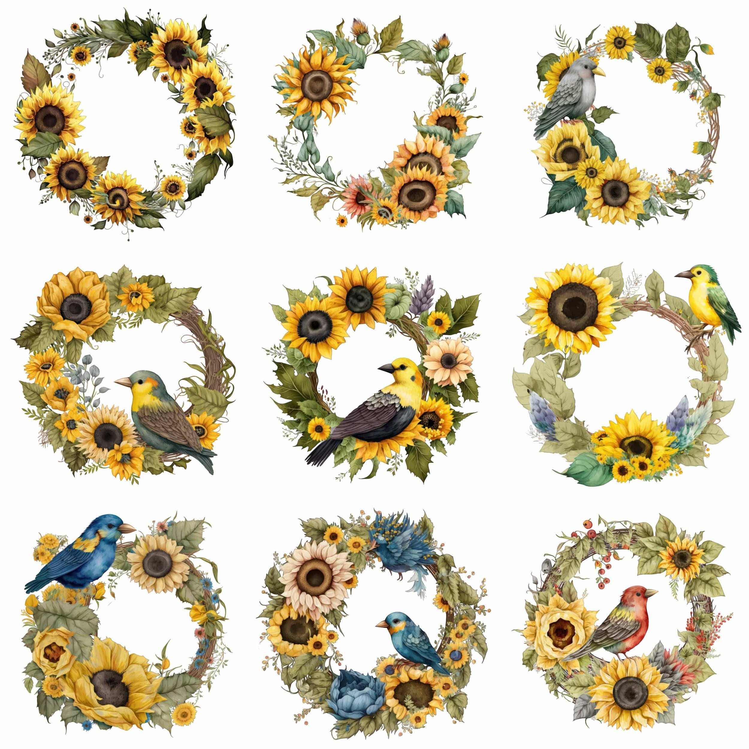 Watercolor Sunflowers and Wreaths Clipart Bundle, DIY Design Elements for Rustic and Botanical Projects, Transparent PNG bundle, Commercial Digital Download Sumobundle