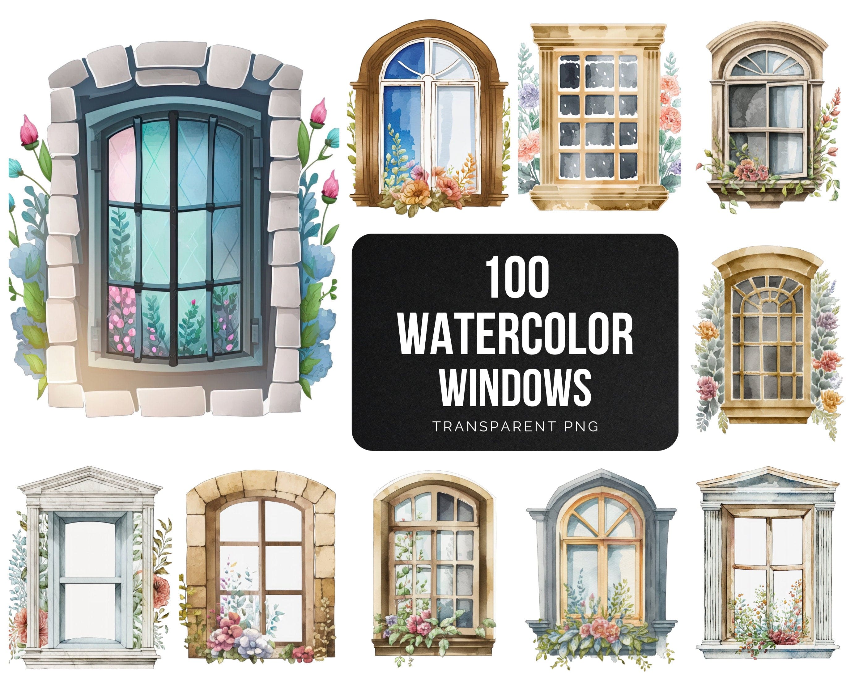 Watercolor Windows Clipart - Windows with flowers PNG format instant download for commercial use - Sublimation file Digital Download Sumobundle