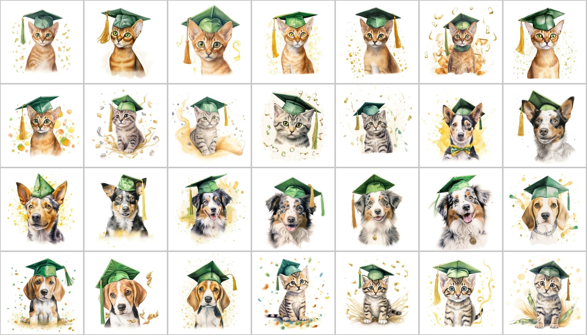Watercolour Graduation Dogs and Cats Illustrations Digital Download Sumobundle