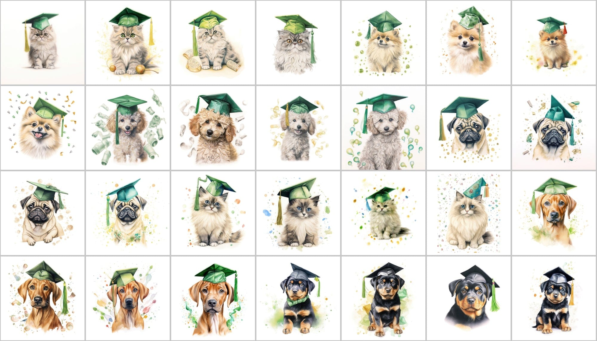 Watercolour Graduation Dogs and Cats Illustrations Digital Download Sumobundle