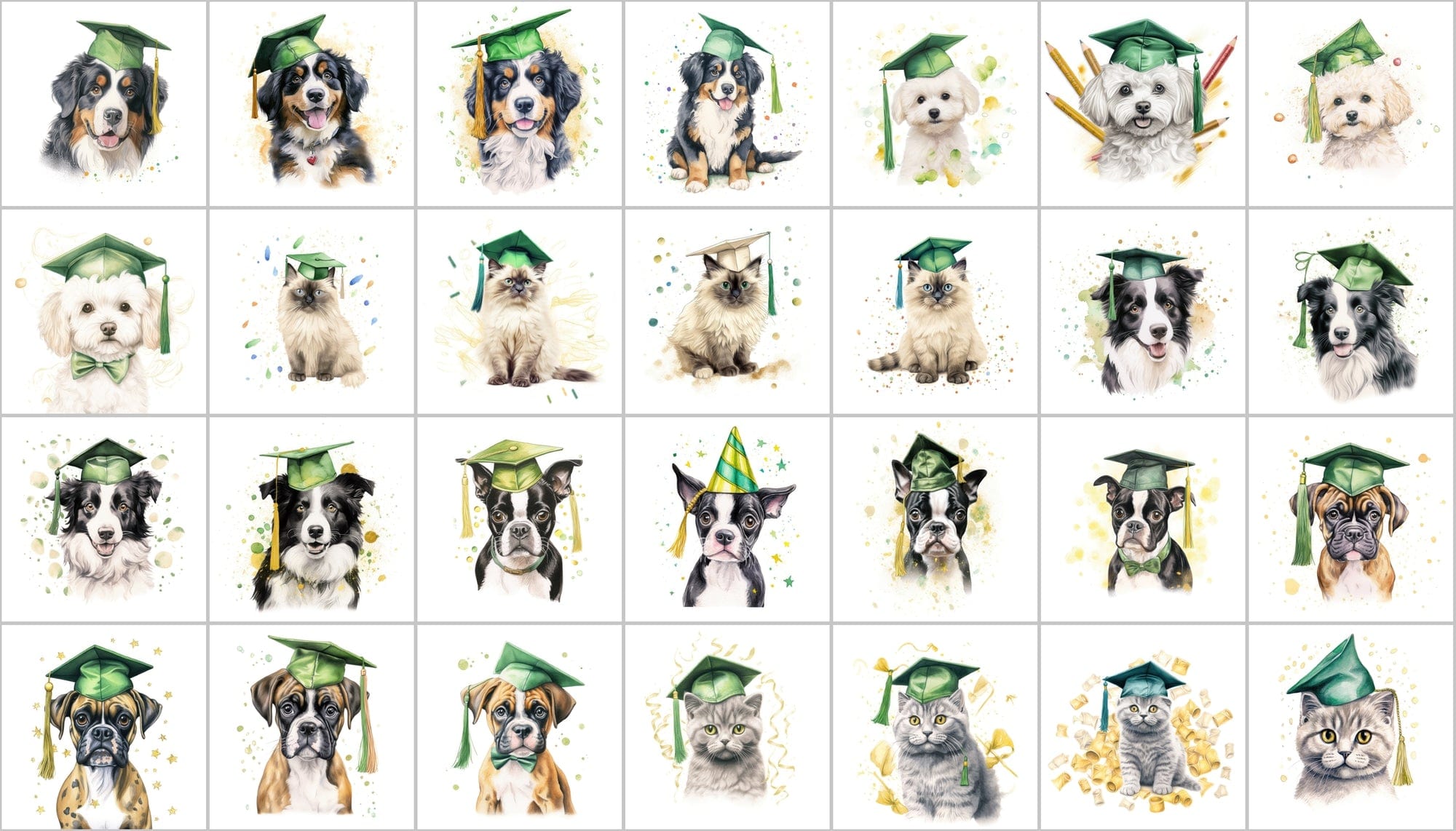 Watercolour Graduation Dogs and Cats Illustrations Digital Download Sumobundle