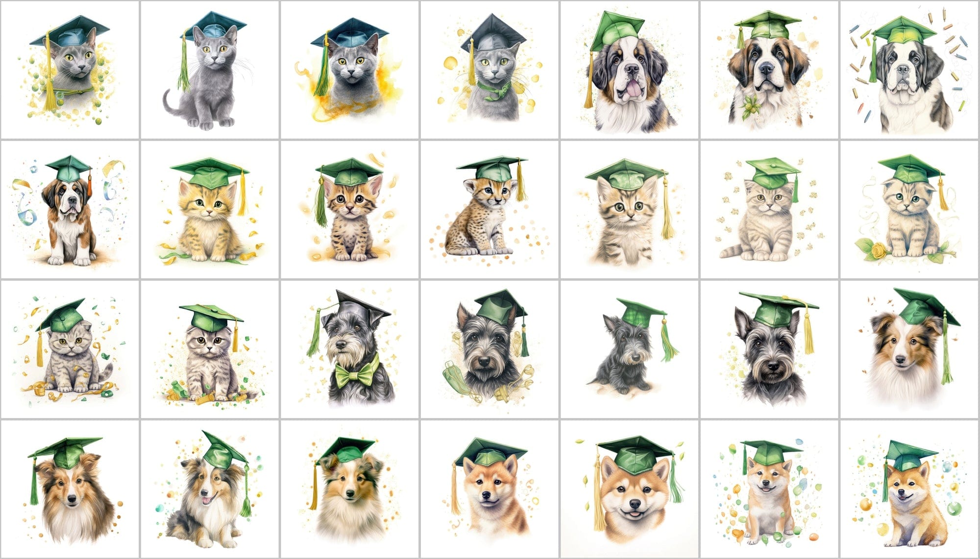 Watercolour Graduation Dogs and Cats Illustrations Digital Download Sumobundle