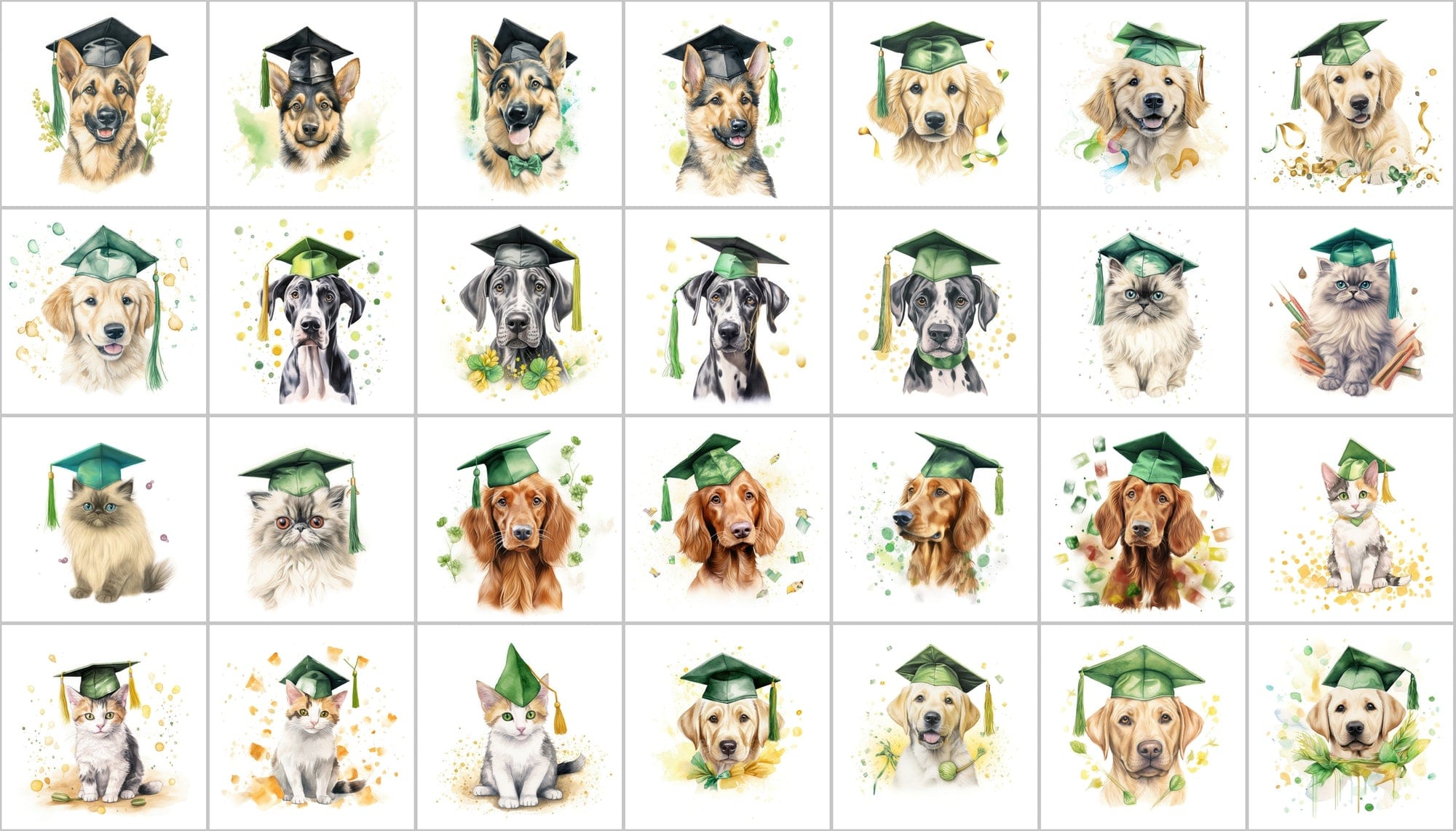 Watercolour Graduation Dogs and Cats Illustrations Digital Download Sumobundle