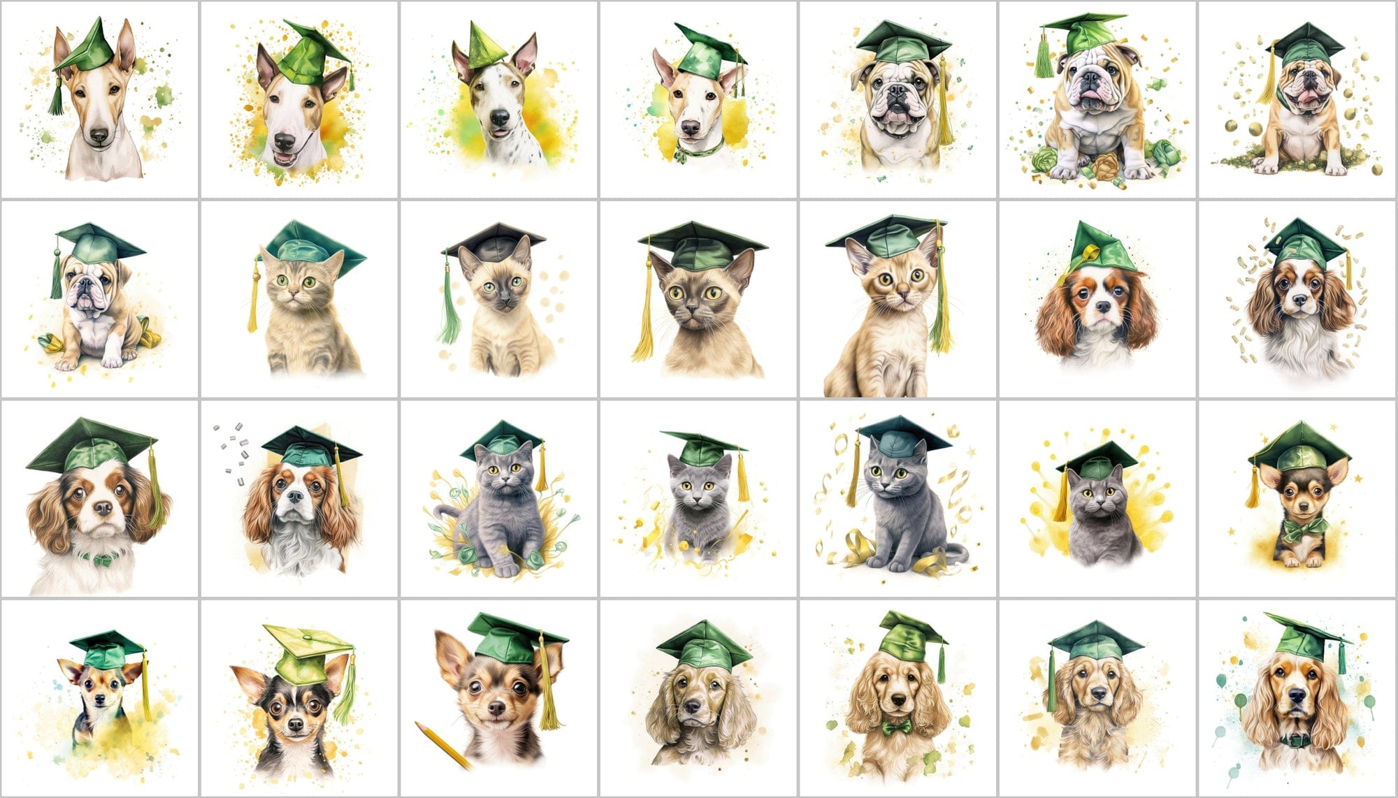 Watercolour Graduation Dogs and Cats Illustrations Digital Download Sumobundle