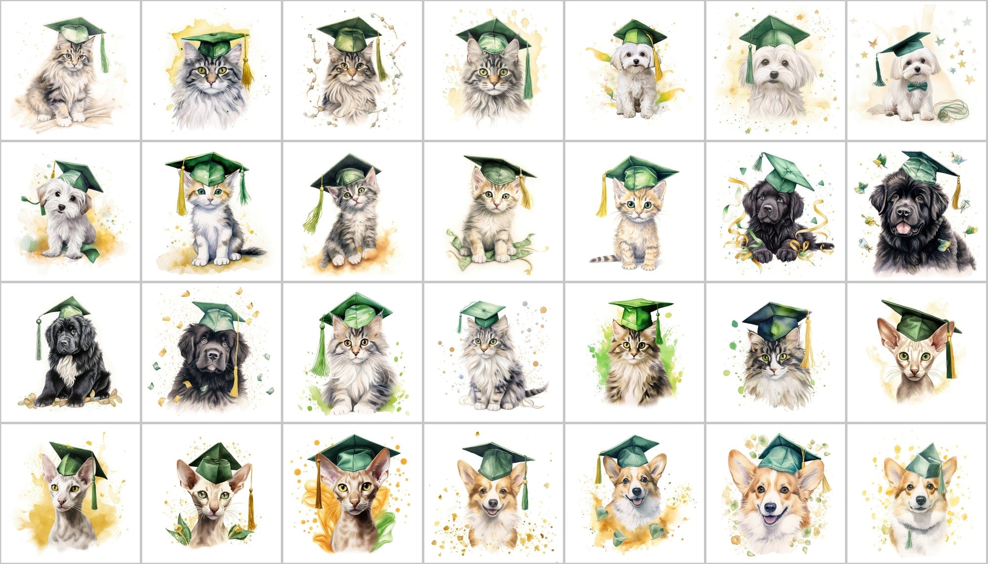 Watercolour Graduation Dogs and Cats Illustrations Digital Download Sumobundle