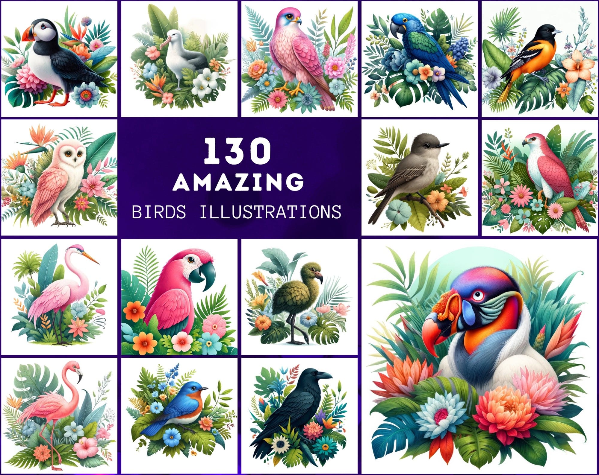 Whimsical Birds in Paradise: 130 Digital Illustrations of Tropical Elegance Digital Download Sumobundle