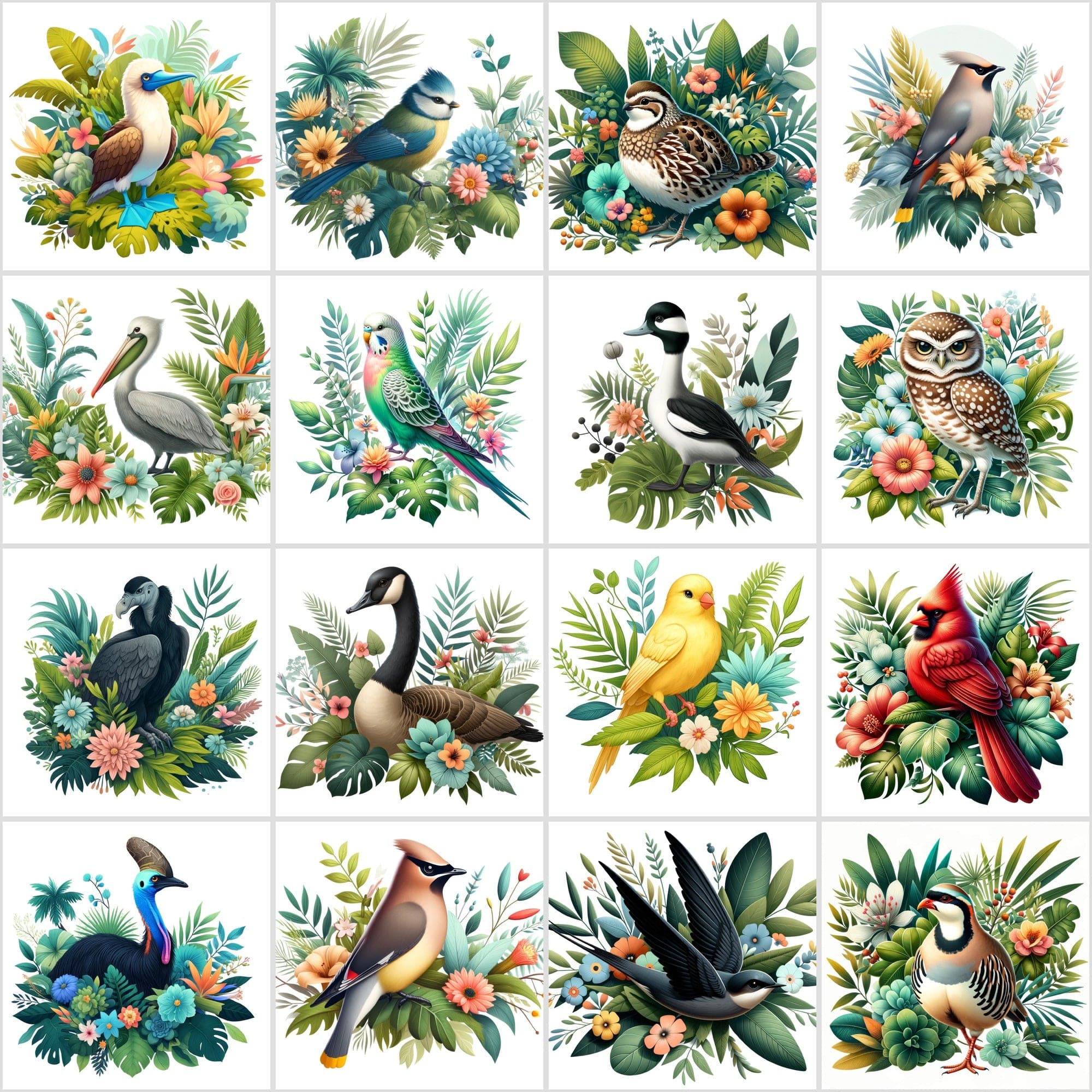 Whimsical Birds in Paradise: 130 Digital Illustrations of Tropical Elegance Digital Download Sumobundle