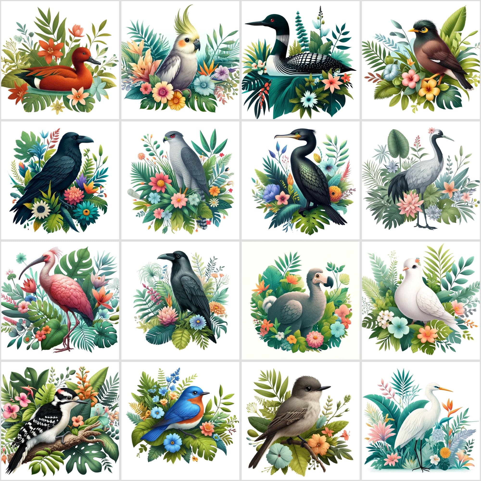 Whimsical Birds in Paradise: 130 Digital Illustrations of Tropical Elegance Digital Download Sumobundle