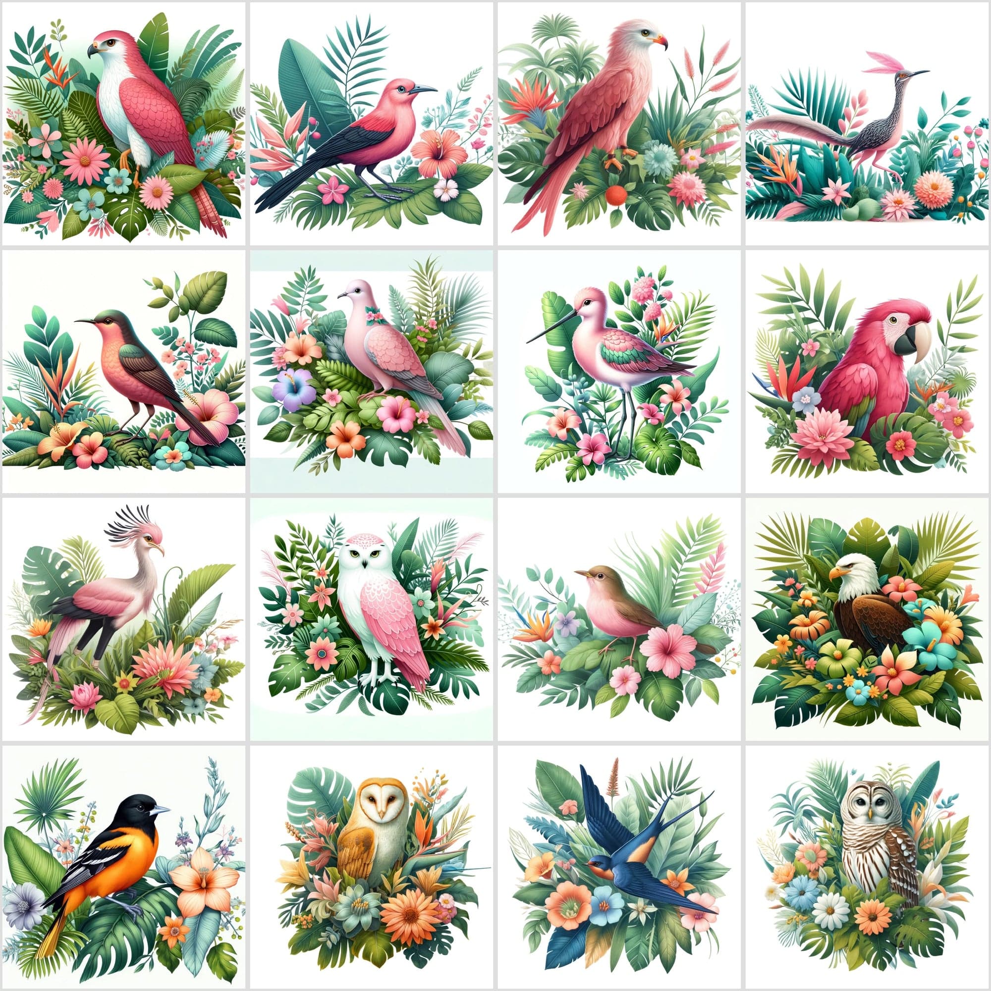 Whimsical Birds in Paradise: 130 Digital Illustrations of Tropical Elegance Digital Download Sumobundle